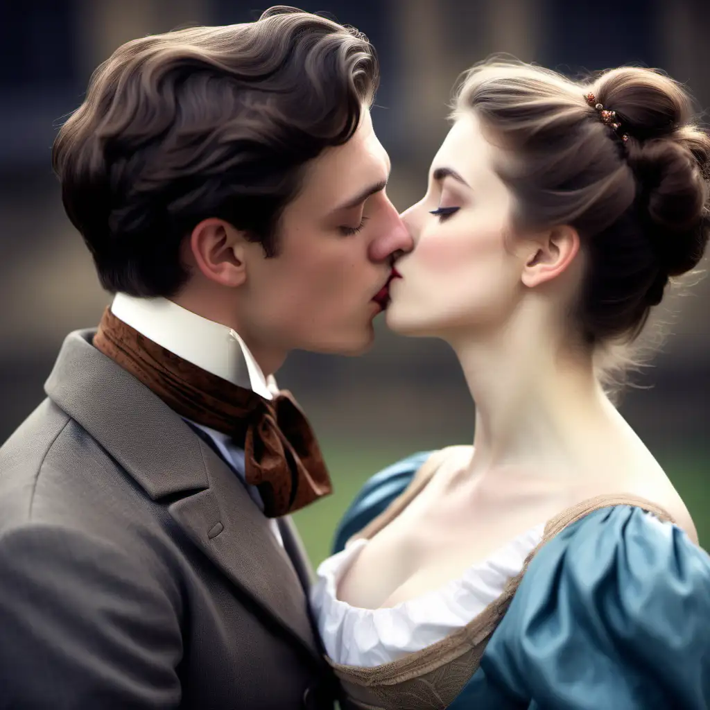 Upper Class British woman, brown hair, wearing an empire waist dress, hair in lovely updo, eighteen years old, in love. With closed eyes she is kissing an upper class British gentleman mid-twenties, with a strong jaw line, dark brown hair, blue eyes, in a frock coat