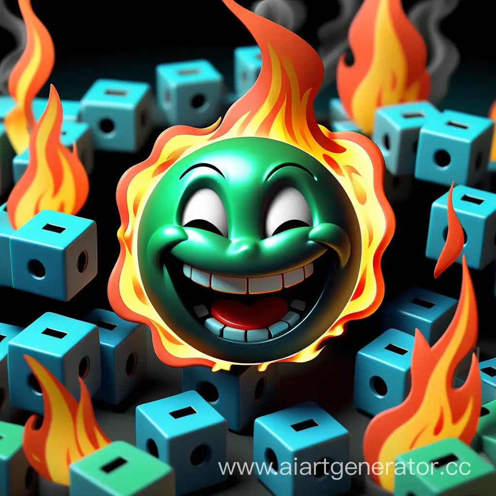сгенерируй зеленый круглый смайлик он улыбается, улыбка у него черная и вокруг сам он горит, покрыт пламенем. на заднем плане находятся синие кубы, а снизу  буквально написано fire in the hole!