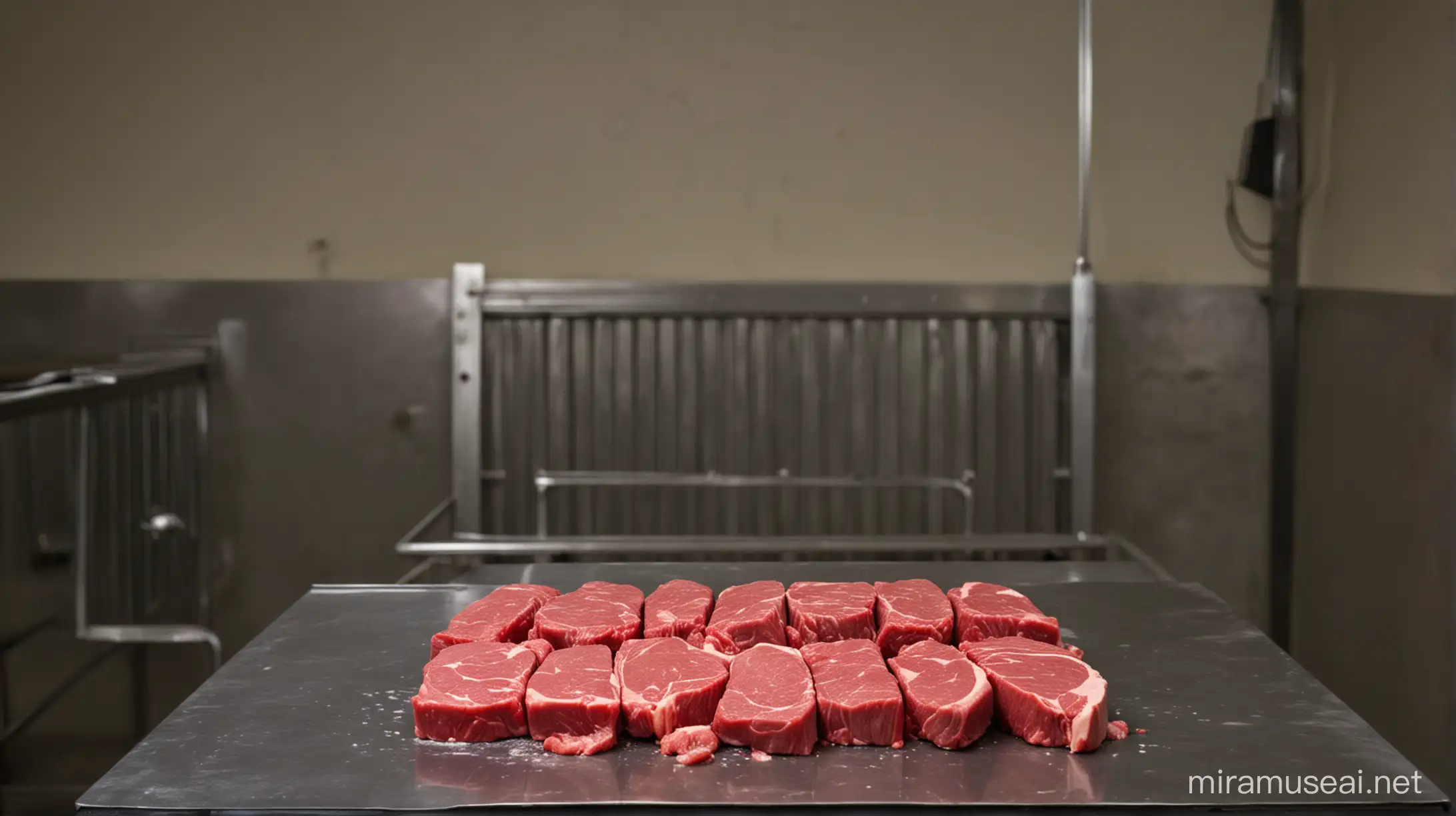Red light,raw meat on a metal table in a boucher kitchen