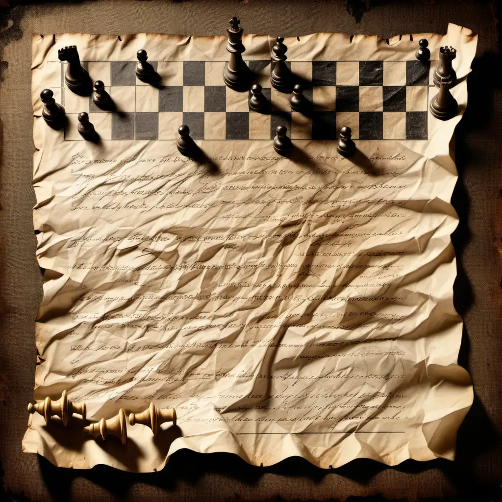 light vintage crumpled paper with vintage cursive text and burnt corners and vintage chess board with chess elements