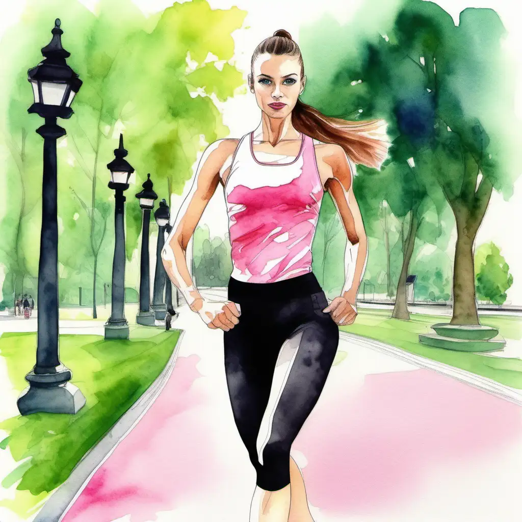 
Polish fitness lora, green eyes, thin lips and nose, in black lycra shorts and a pink blouse, doing exercises in a parks,watercolor art
