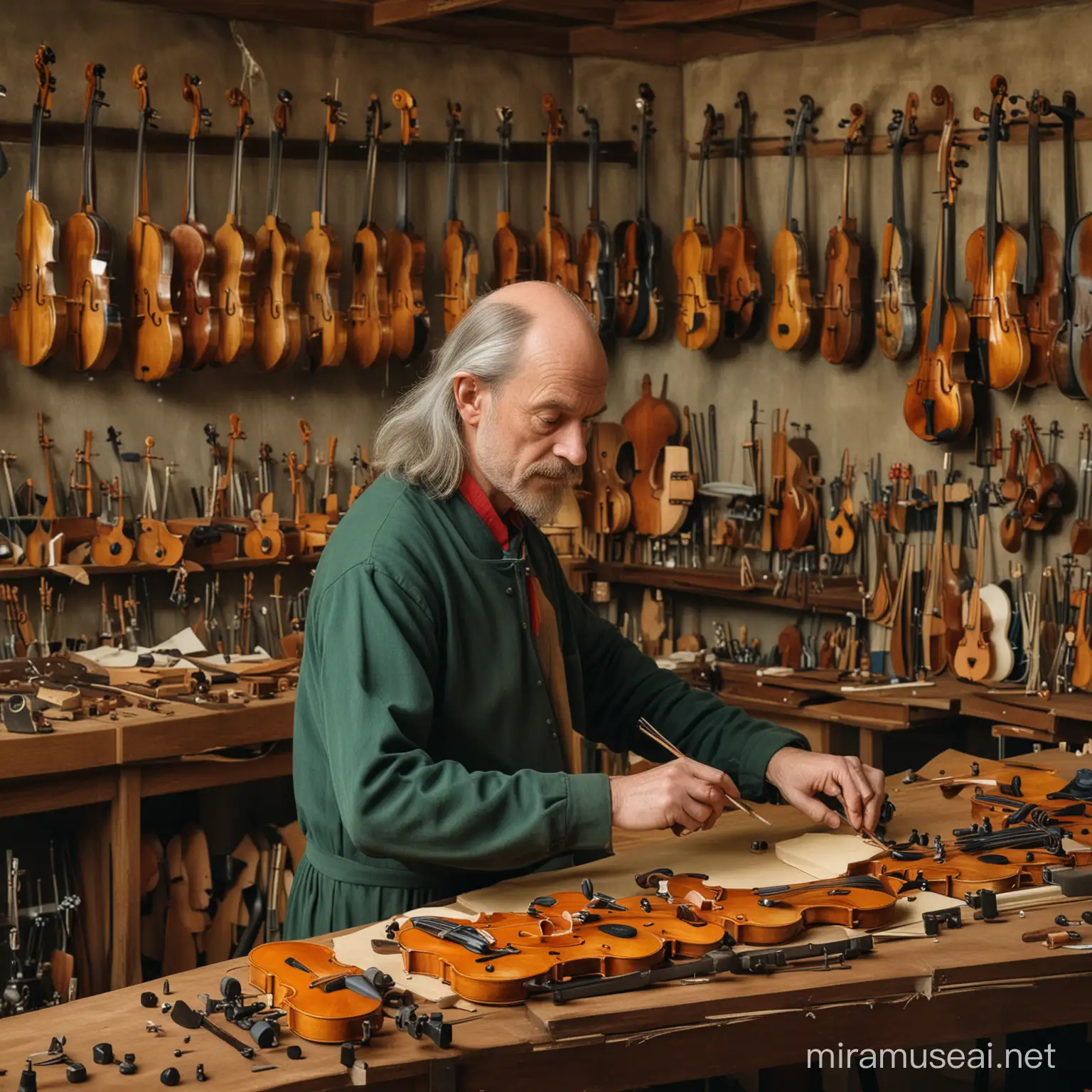Hieronymus Bosch, the luthier in the workshop makes violins, vivid colors