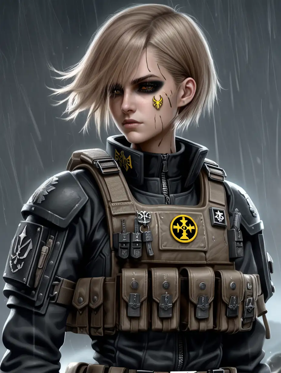 Young Warhammer 40K commissar woman. She has an extremely short haircut. The hair from the top of her head, parts to both sides of her head. Her hair is ash colored. Her space black uniform jacket fits perfectly under her plate carrier rig. She has faded light black eyeshadow. Her uniform has a lot of Nordic inspired runes. She has ghost pale skin. She is wearing a plate carrier rig with a lot of pouches and shoulder straps. Background scene is a Warhammer 40K warzone in a torrential rainstorm. Her uniform fatigues have a high collar wind gaiter top. Her hair is soaking wet and messy. Her plate carrier rig is drab brown colored. Her plate carrier rig has a Nordic knots patch on it and a lot of Nordic runes on it. All of her uniform is soaking wet. She has Norse inspired insignias on her shoulders. Her uniform is all space black.