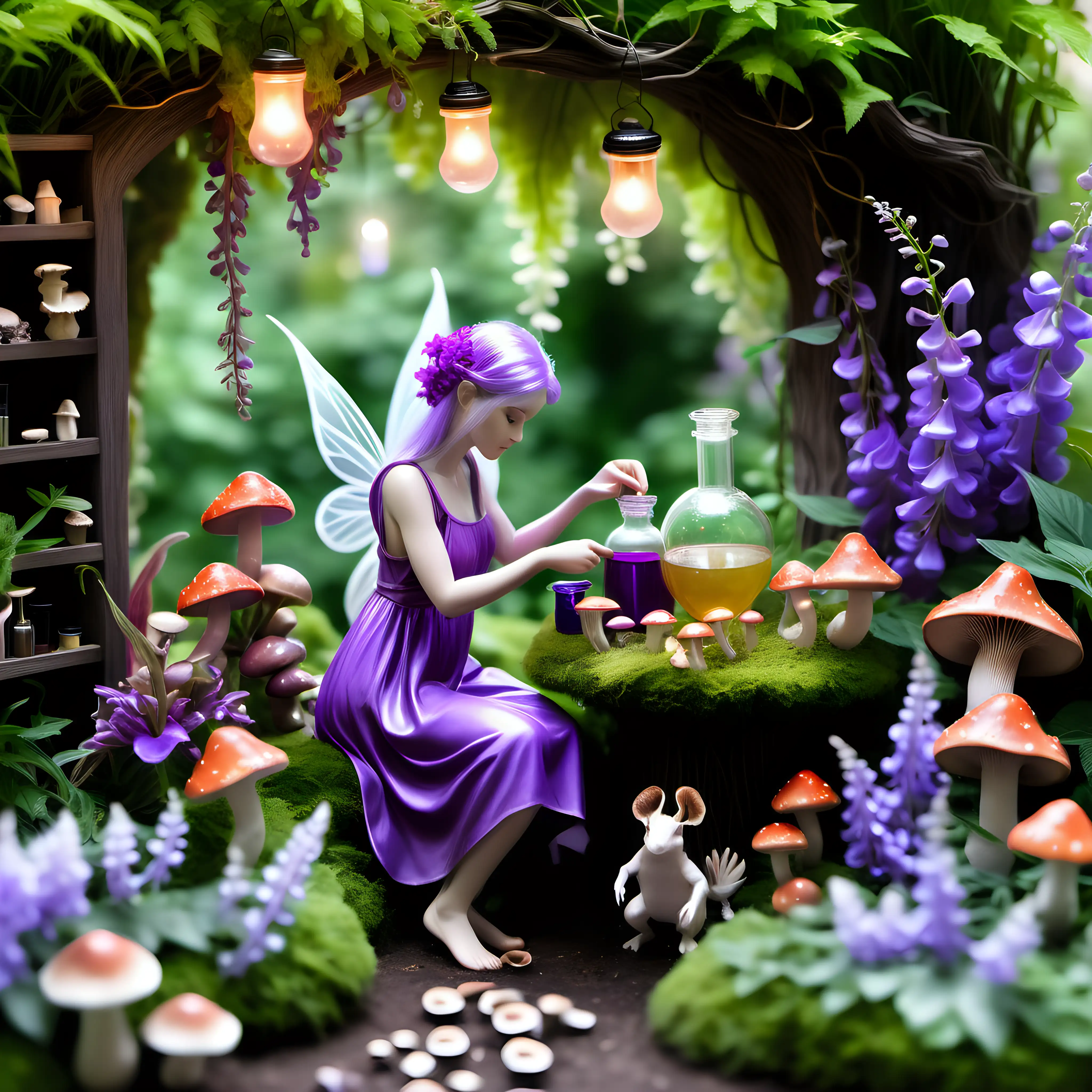 Fairy making potions in a lush garden with snap dragons and wisteria flowers and different mushrooms