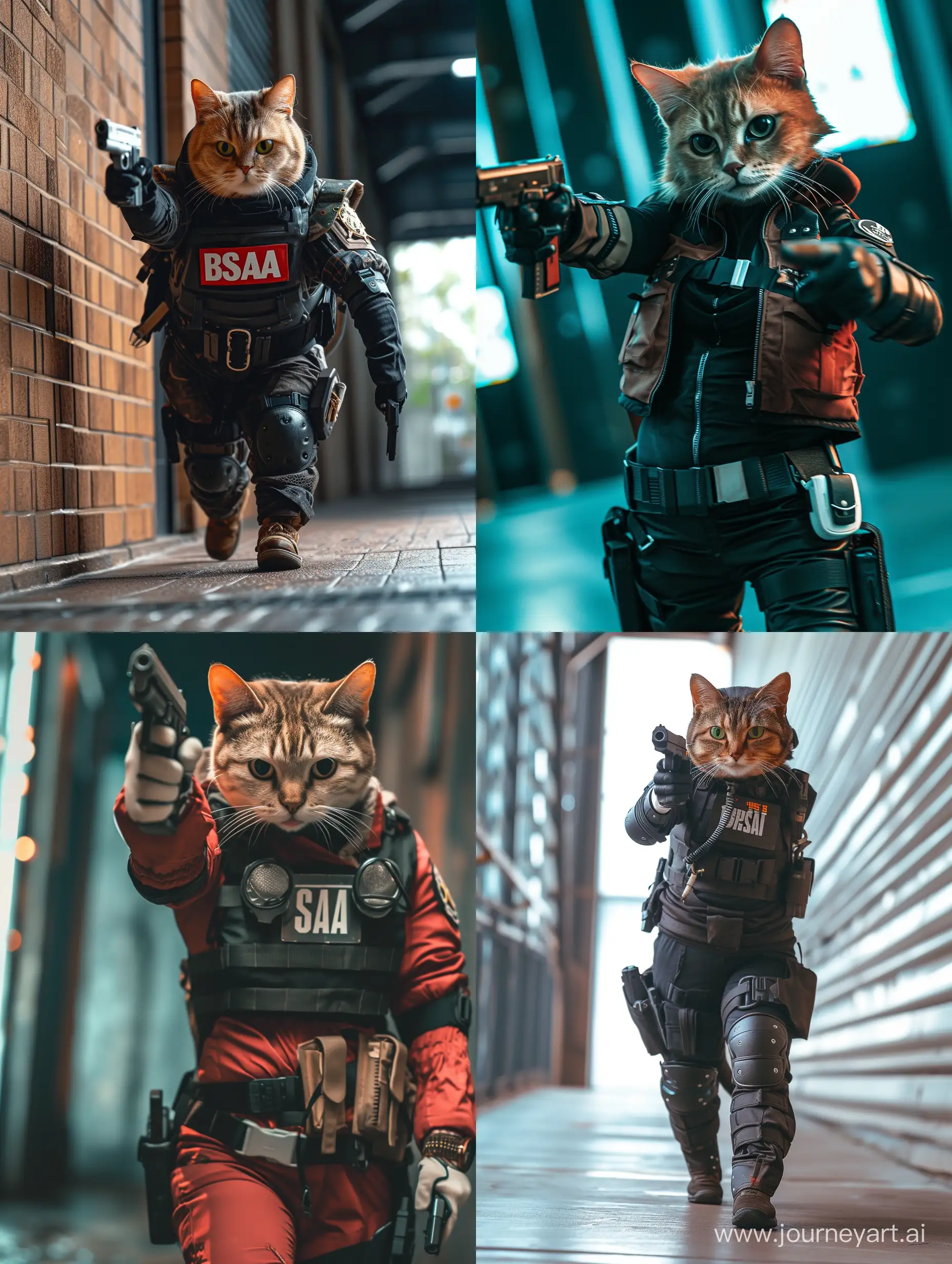 Resident evil styled cute chubby cat bsaa unit in bsaa clothing, wolking into Racoon city, cyberpunk styled, pointing gun at camera