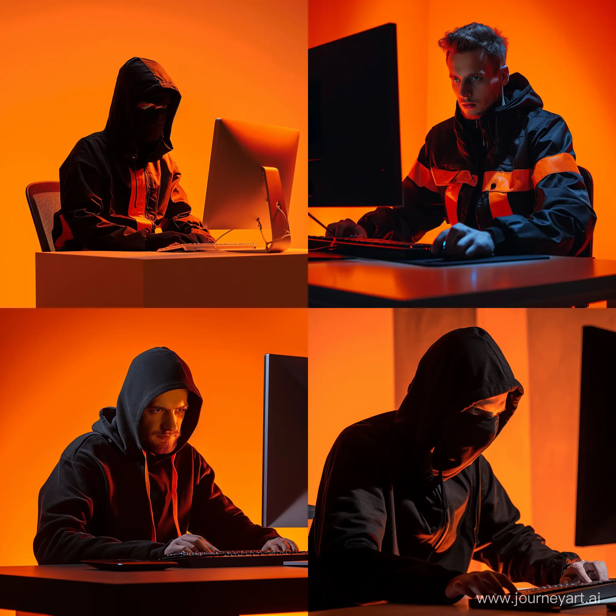 Нелегальный работник одет в чёрно-оранжевое, обманывает людей, сидя за компьютером, при оранжевом освещении