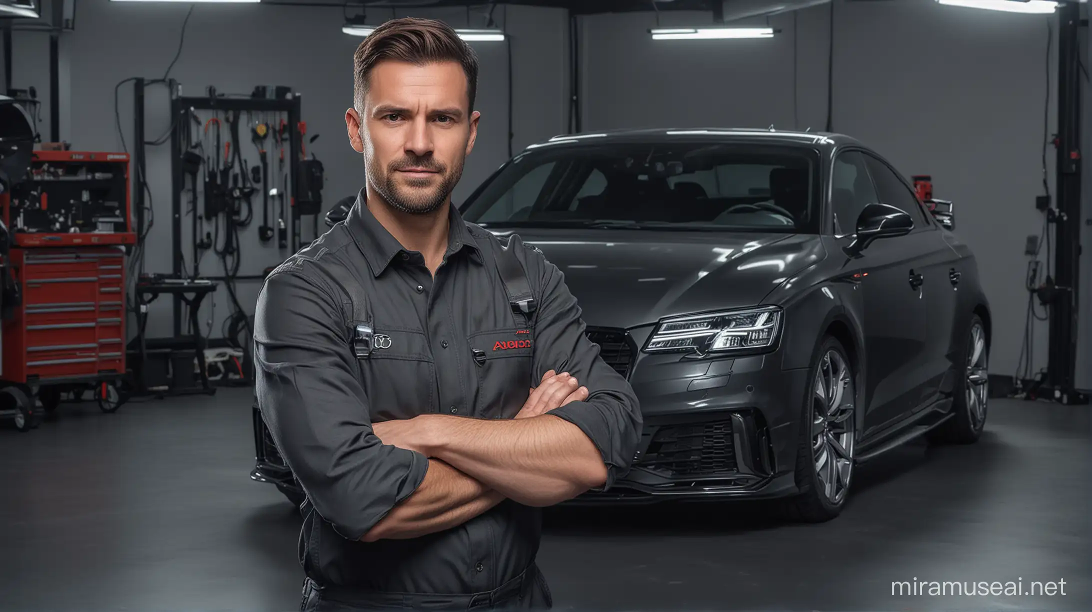 Experienced European Mechanic Showcasing Audi in Studio Photoshoot
