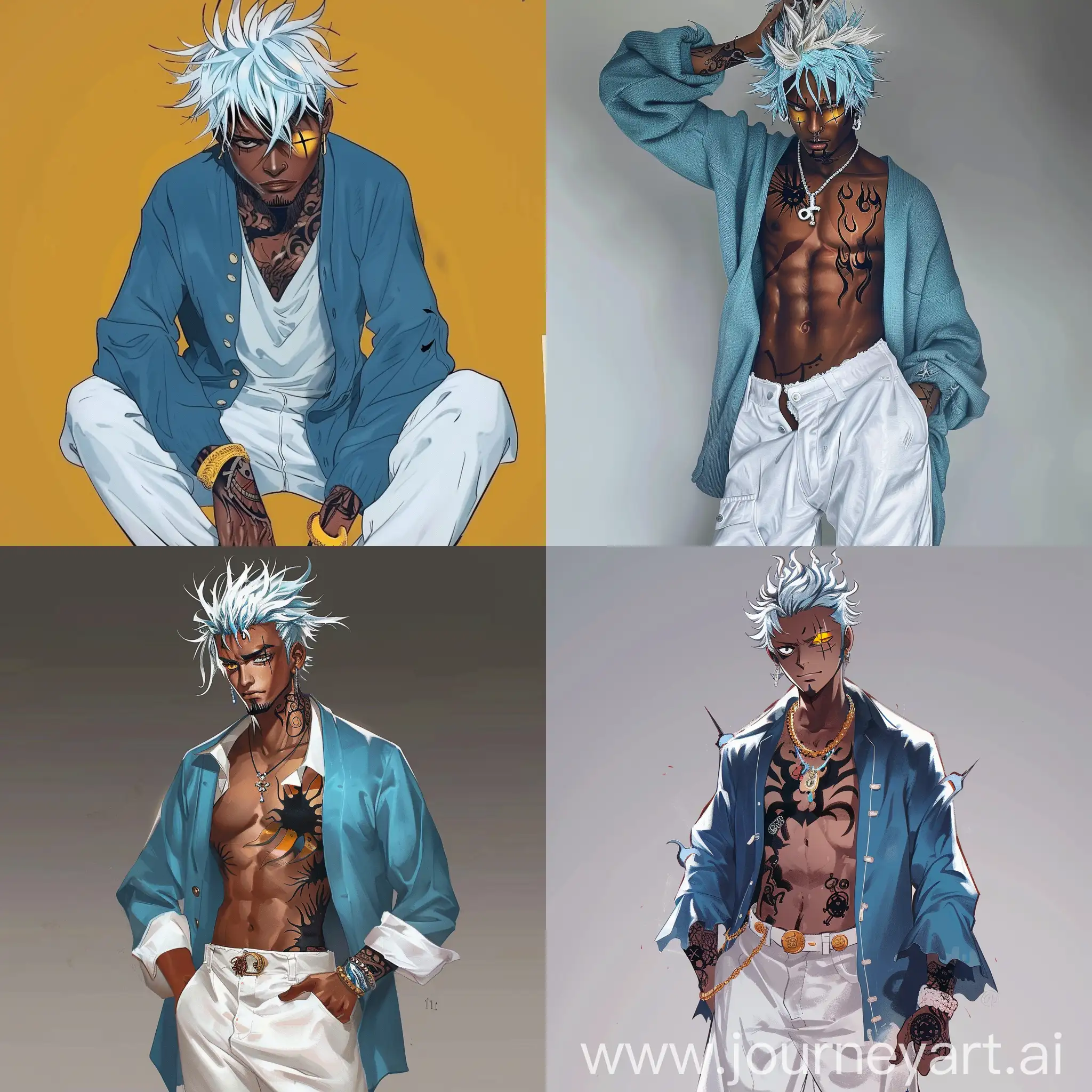 1boy, One Piece, Shandia, young, dark skin, white hair with light blue tint, wild and spiky hair, hair strands on his forehead, hair lock on top of his hair, black tattoo, flames tattoo, half tattooed, yellow eye, missing right eye, scarred right eye, blue cardigan, open cardigan, white pants, baggy pants 