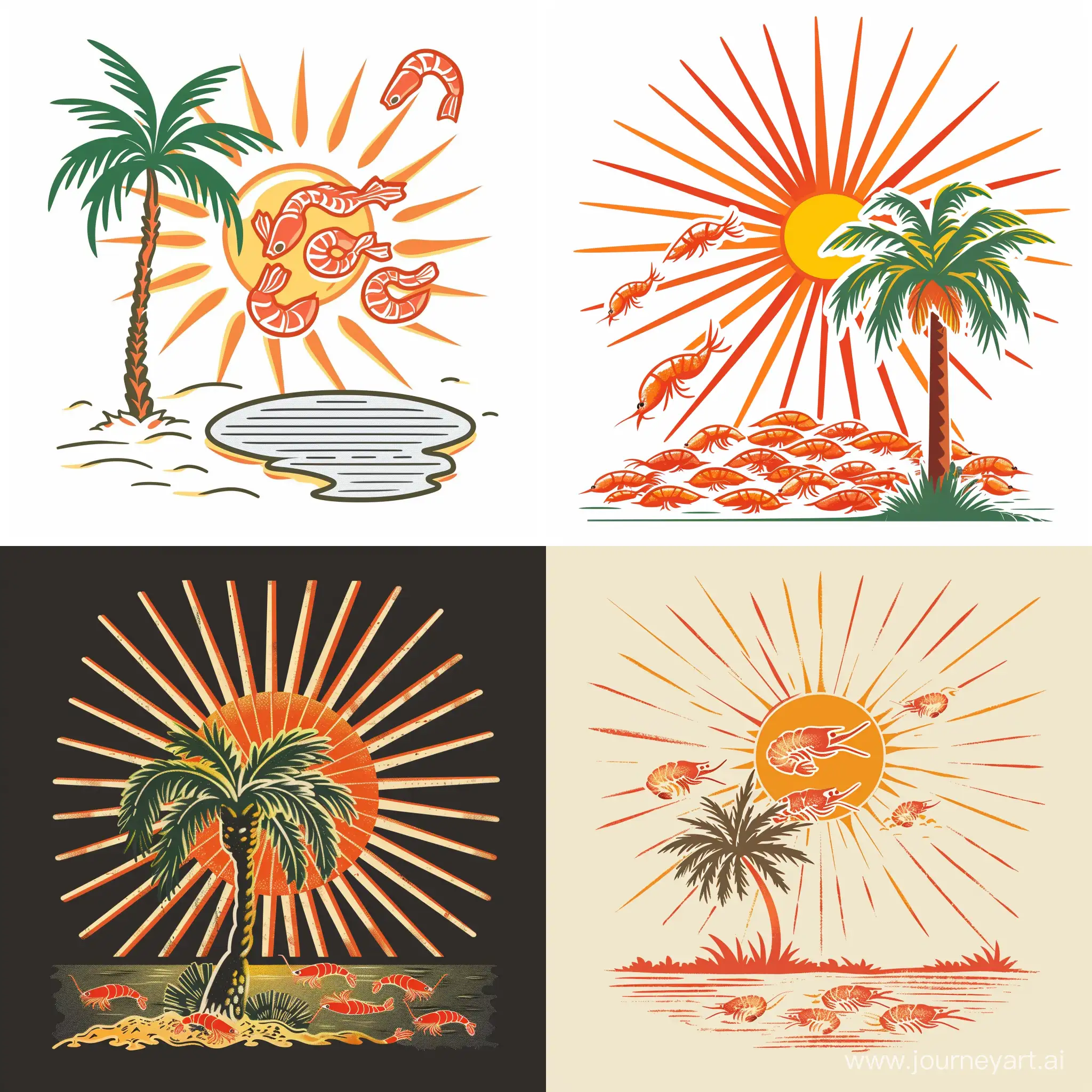 i want a logo Shrimp moving among the rays of the sun: This image can symbolize the dynamism and vitality of the shrimp farming industry.
     Palm tree next to shrimp pond: This image can be a symbol of human interaction with nature in this industry.
     Using colors related to the south of Iran: Using warm and happy colors such as orange, yellow and red can increase the visual appeal of your logo.