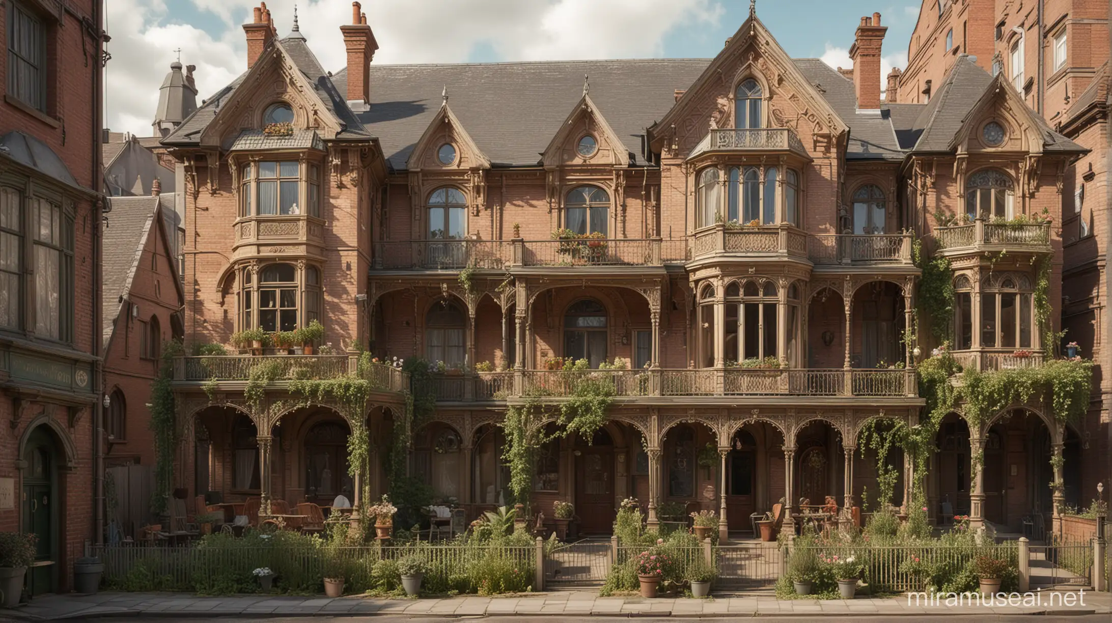 Large victorian style fantasy brothel seen from the street. The building is set apart from other buildings by a small garden. 6 elven prostitutes are standing in a group on the street in front of the building and on the balcony.