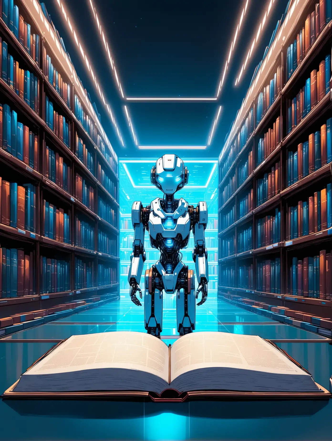 AI robot looking through books in alribrary 
The library has cool futuristic, high tech aesthetic, and blue LED lights
backround art