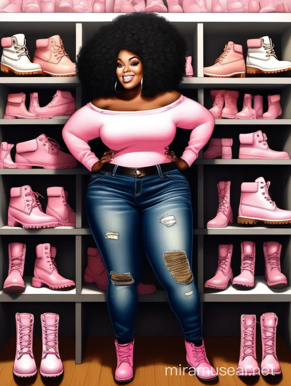 create a oil painting
 cartoon image of a plus size black female wearing tight cut up jeans and a off the shoulder pink sweater with timberland boots. Prominent makeup with hazel eyes. Highly detailed black and white tight curly afro. She is in her crafting room packing orders. 2k