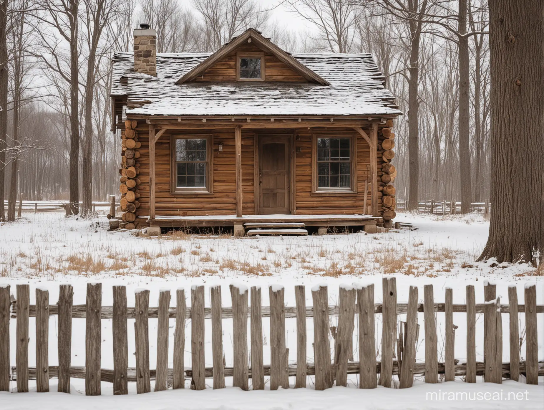 Difoto dari depan sebuah log cabin pedesaan yang sederhana dan tua namun indah pada musim dingin. Halaman cabin yang indah dengan pagar tua.