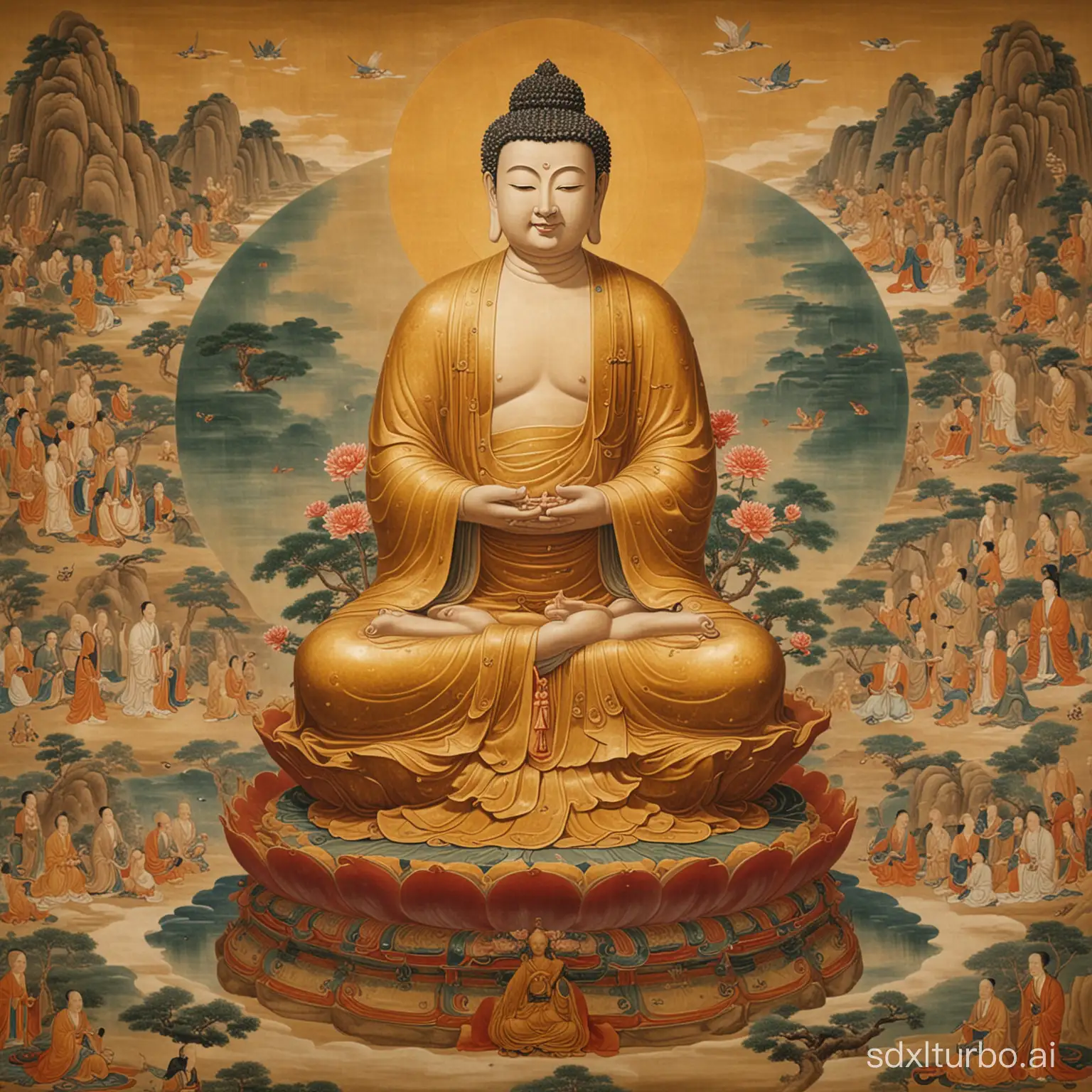 Full-length portrait of the Chinese Buddha, with the background of Haohan's universe