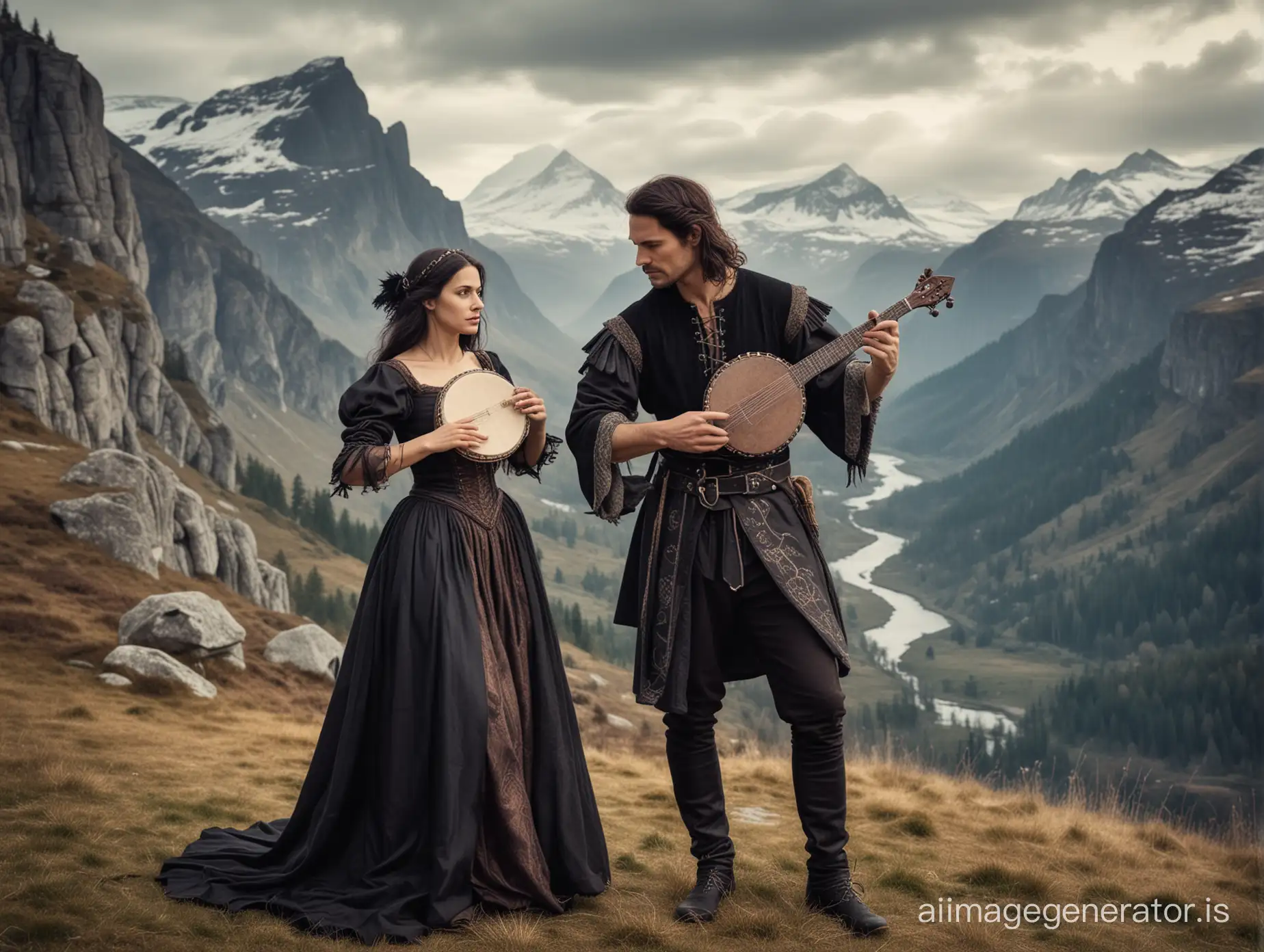 Nordic-Couple-in-Medieval-Witch-Attire-Playing-Musical-Instruments-against-Mountain-Backdrop