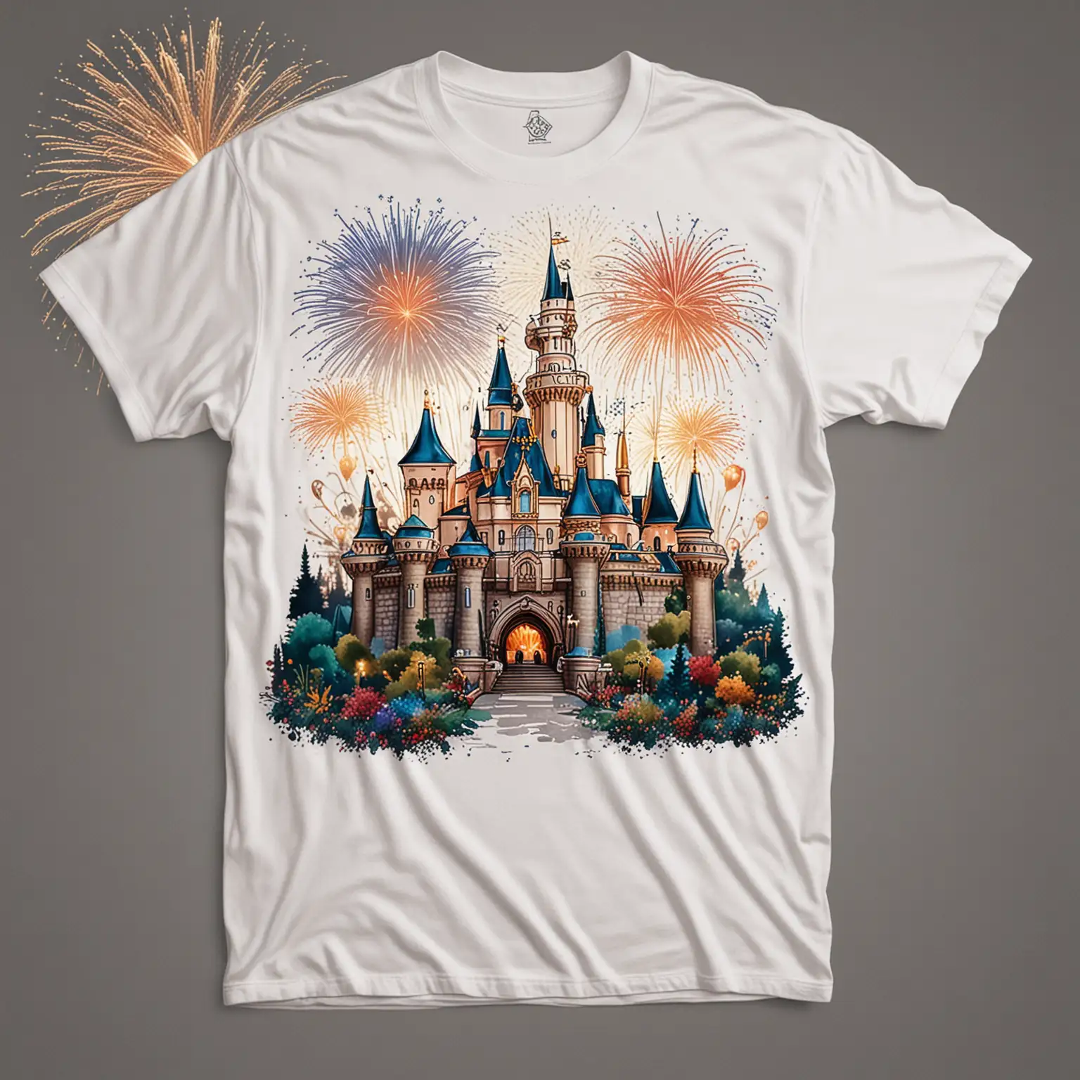 I need a mockup for a white t-shirt digital illustration to celebrate a trip to Disneyland in Anaheim California, full color, fireworks, finely detailed, small castle, white background, twilight --no text, 16k