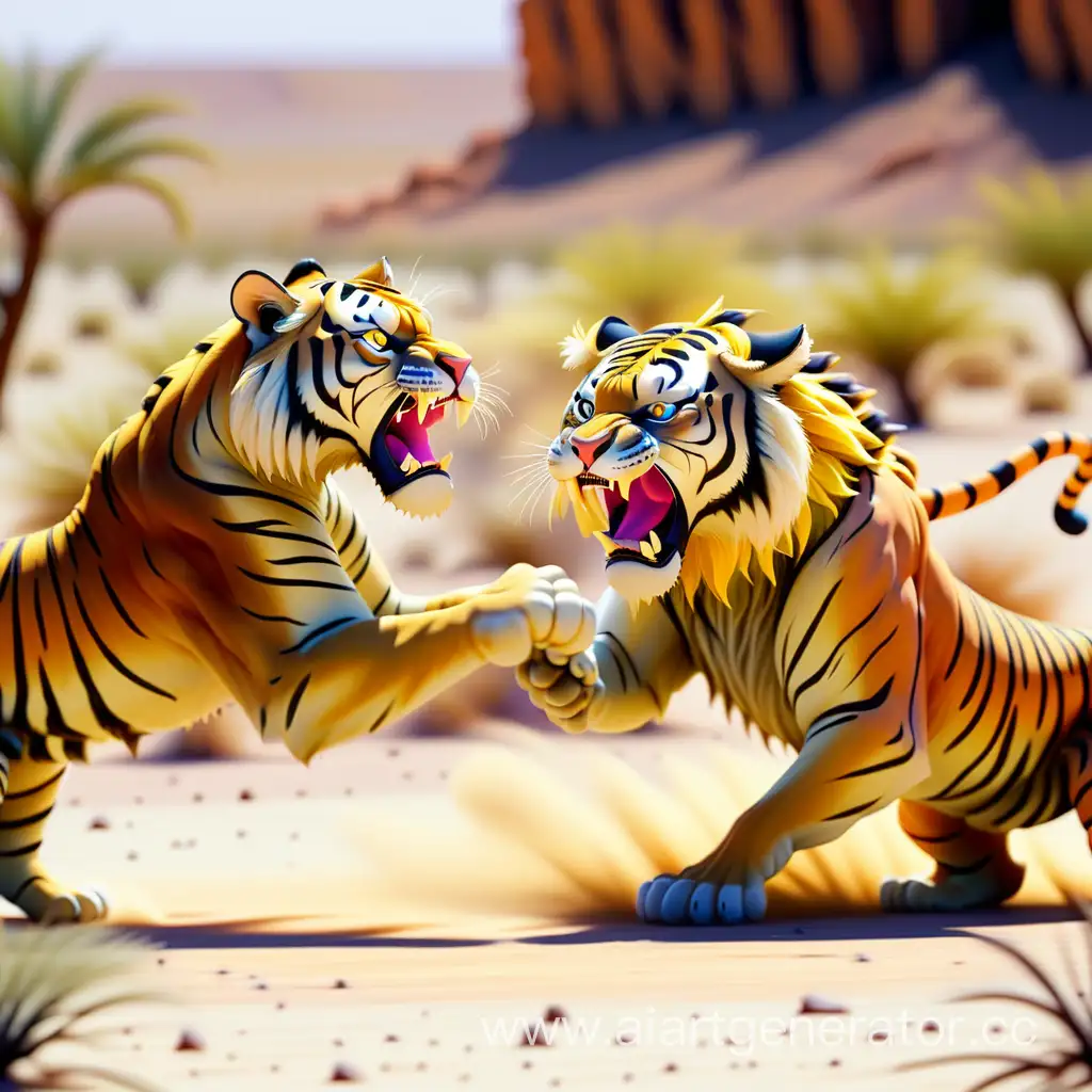в пустыне тигр воюет с львом, неон, блюр, размытие, эффекты, резкость, яркость 70%. 
