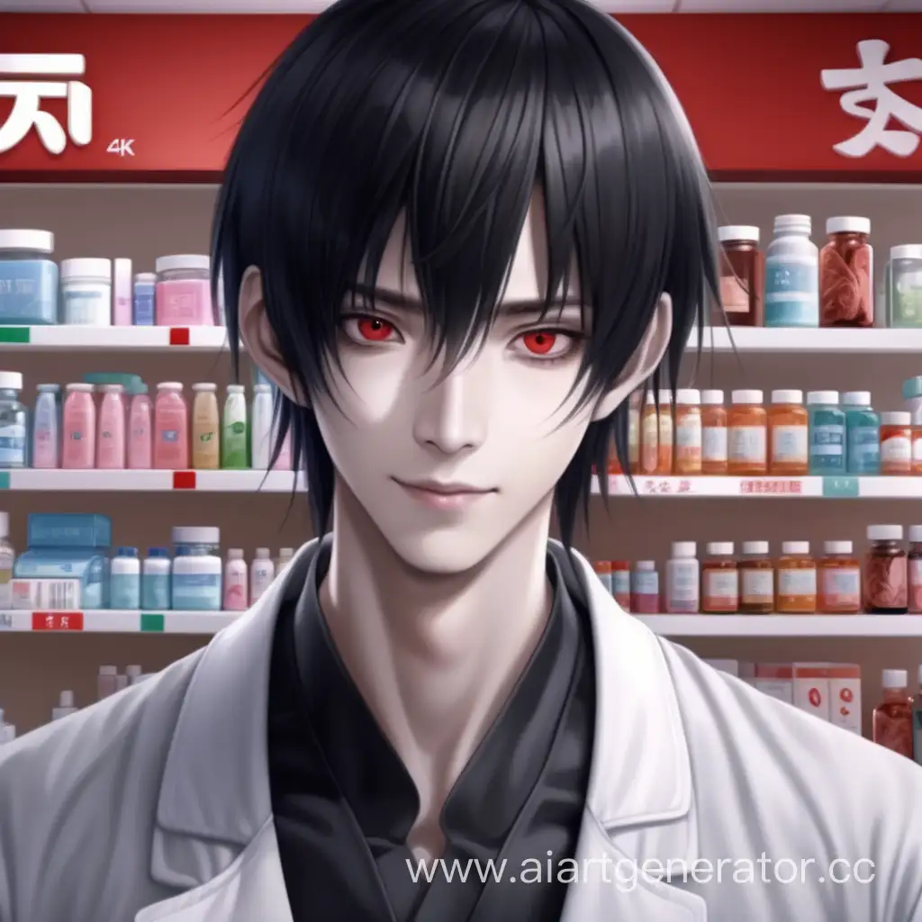  Китайский худой молодой Мужчина 27 лет  мафиози со змеиными чертами, красноглазый, бледная кожа, чёрноволосый, в аптеке протягивает лекарство, маньячный взгляд и улыбка  #аниме #4k #realistic #horor 
