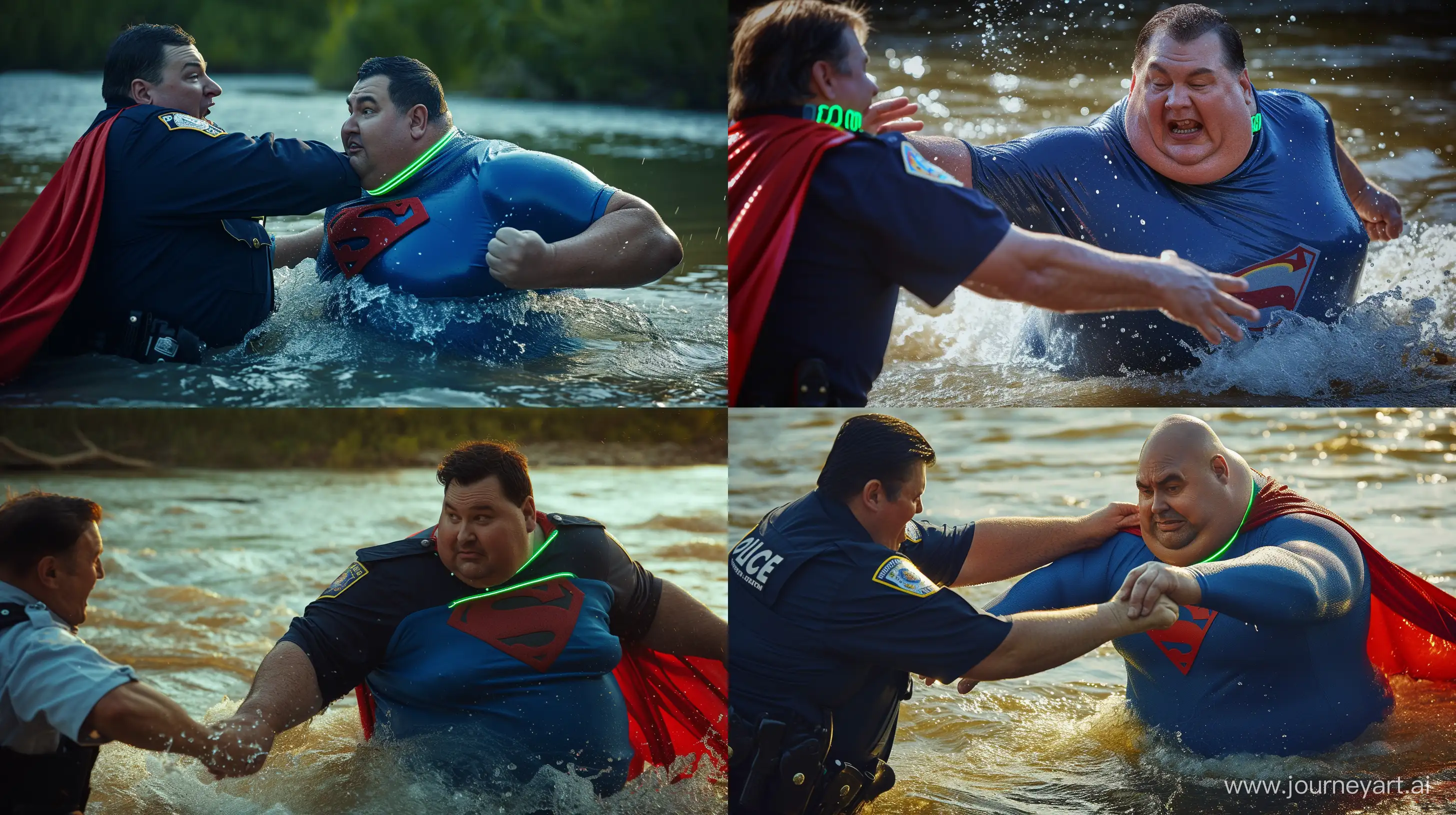 Close-up photo of a fat man aged 60 wearing a navy police uniform pushing in the water a fat man aged 60 wearing a tight blue 1978 smooth superman costume with a red cape and a tight green glowing neon dog collar on the nape of  in the water. Natural Light. River. --style raw --ar 16:9