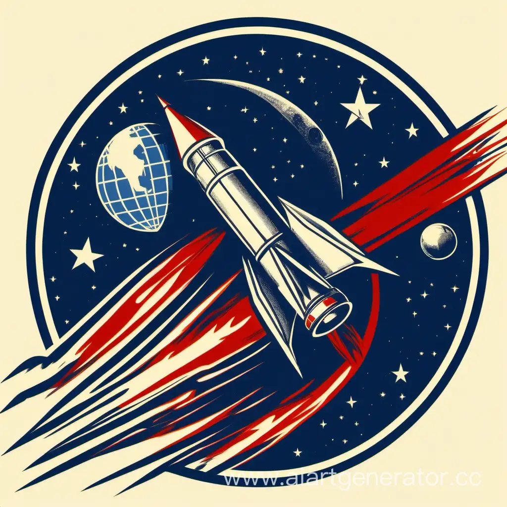 Эмблема советского космического агентства. Ракетоноситель устремляется в космос на фоне планеты земля, от двигателей ракеты исходит огромный шлейф