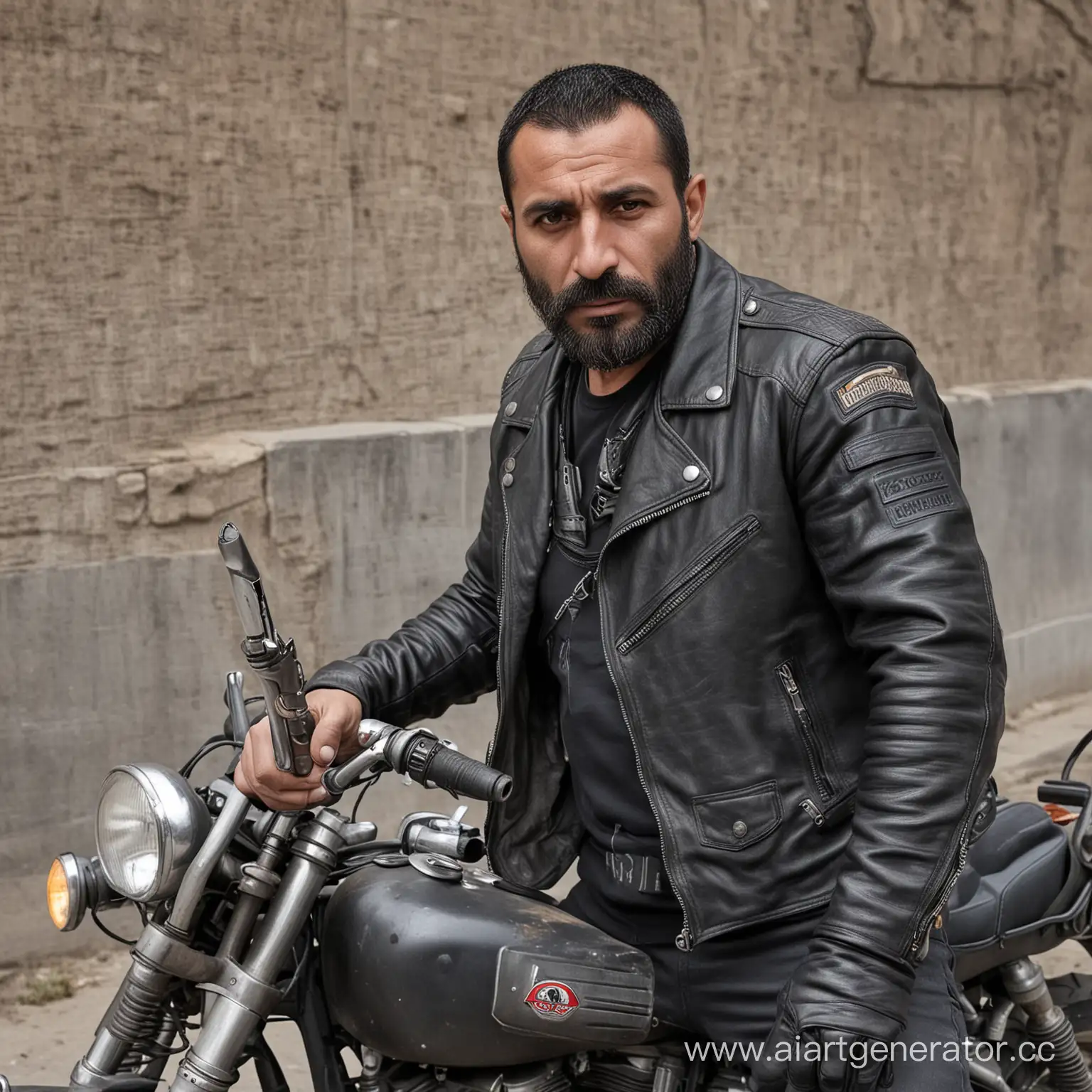 Байкер армянин, 40 лет ,с сигаретой и оружием 