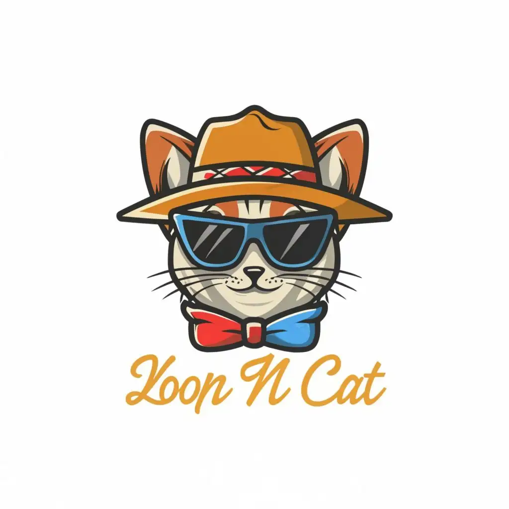 logo, Design a logo t-shirt with a cute cat wearing a sun hat and sunglasses on a white background. Contour, Vector, crisp image, White Background, no words, ultra Detailed image, ultra sharp narrow black outlined image, no jagged edges, vibrant colors, Large Image, typography, with the text ".", typography., with the text ".", typography