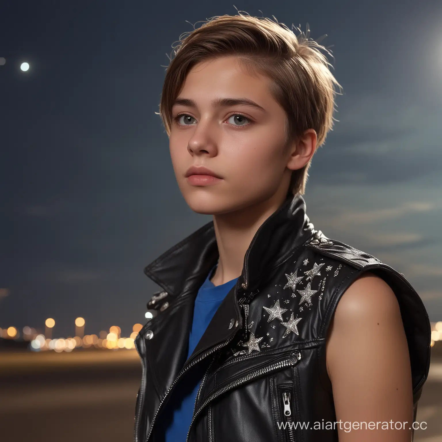 Russian androgyne boy 15 years old, very beautiful, Looking at the night sky, stars in the sky, July.
black leather sleeveless jacket, blue T-shirt, runway airport on the background of, 
masterpiece, best quality, highres, 
8k, ray tracing, 
intricate details, highly detailed, 
perfect face, russian face