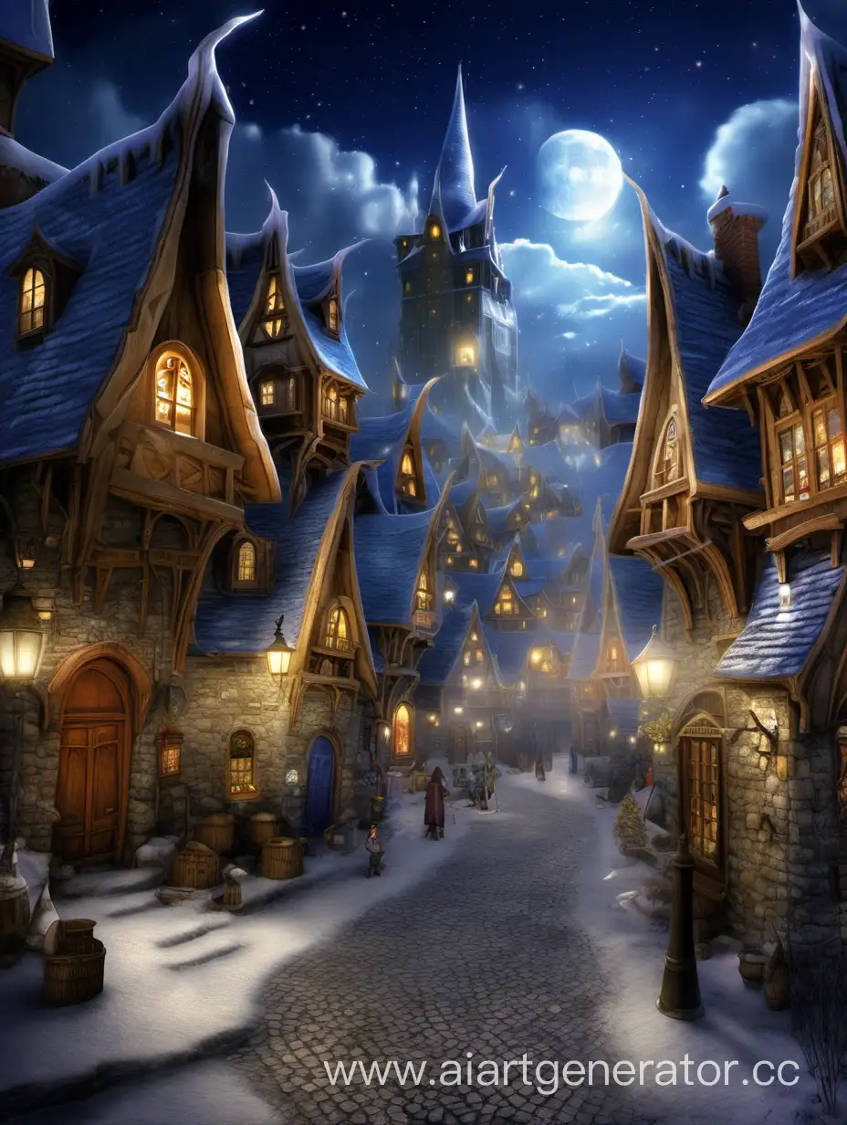 деревня волшебников, ночь, магия, центральная площадь