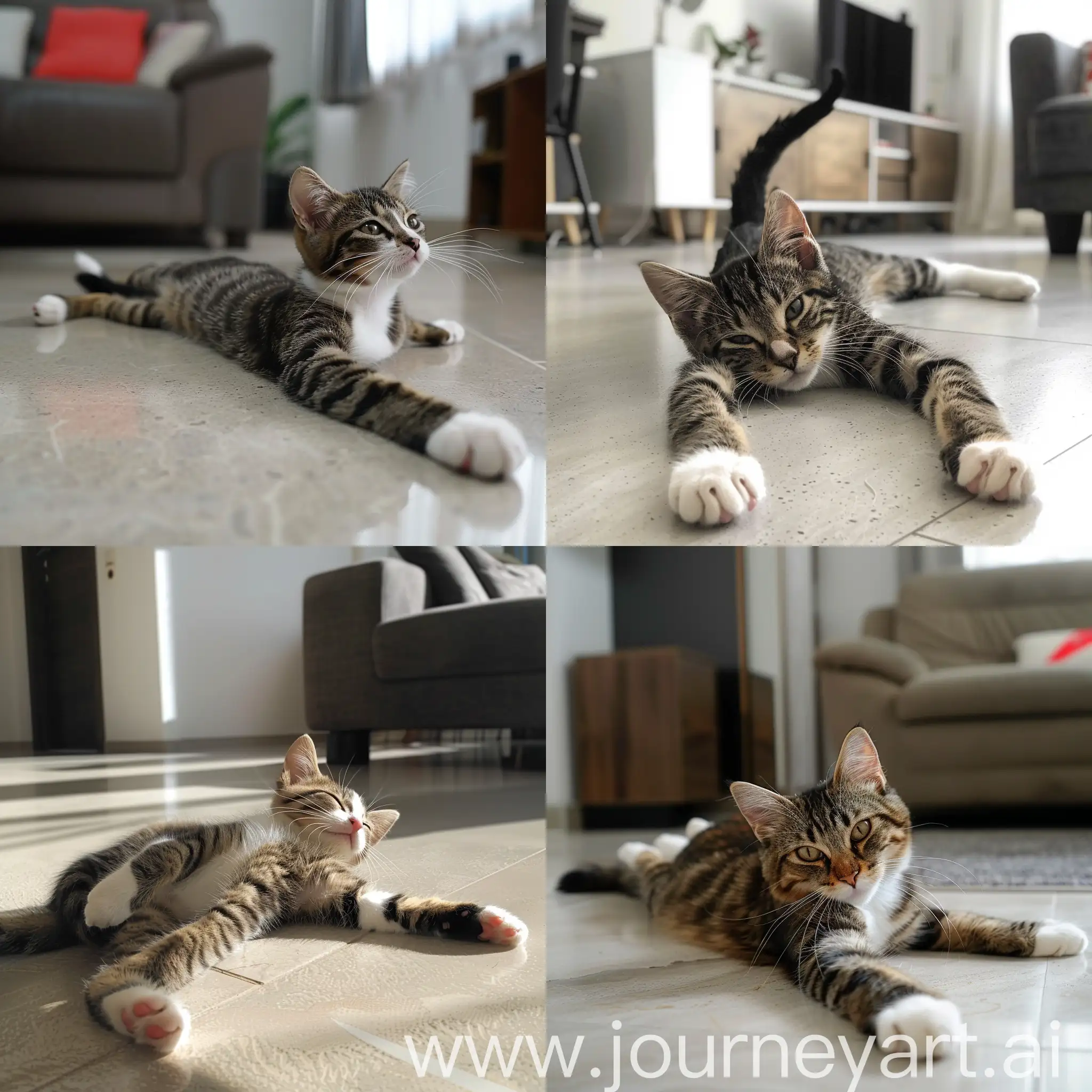 Tabby-Cat-Stretching-Lazily-on-LightColored-Apartment-Floor