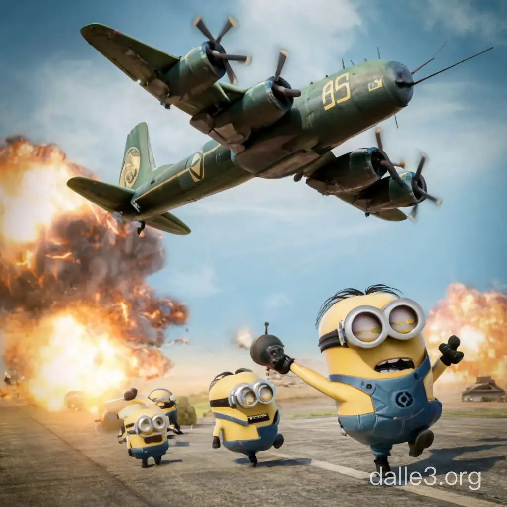 Lowflying Bomber Strikes Military Minions with Explosive Panic | Dalle3 AI