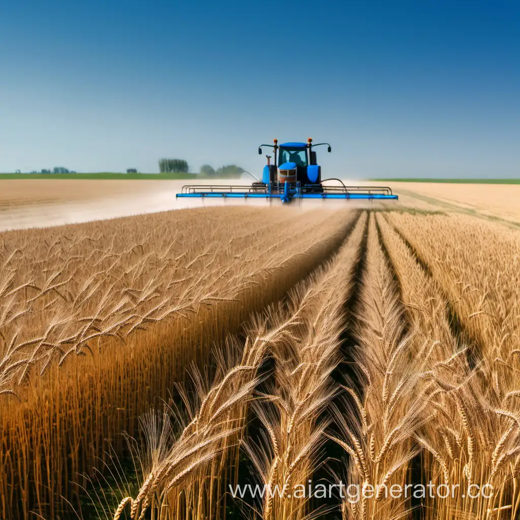 Vast-Wheat-Field-with-Sprayer-Under-Clear-Blue-Sky