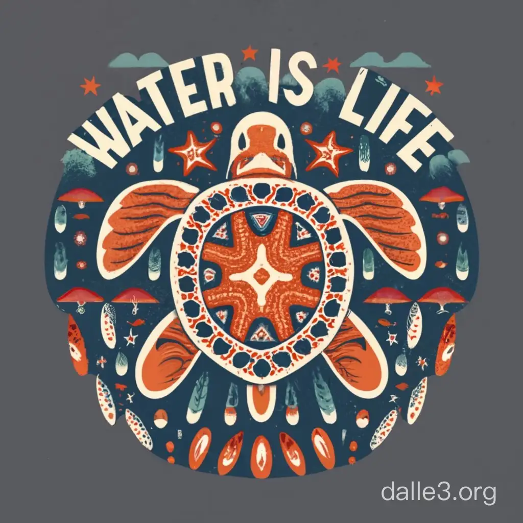 shirt design: illustration design, native american design.
says "water is life". 
has coral reef, starfish, turtle. 
