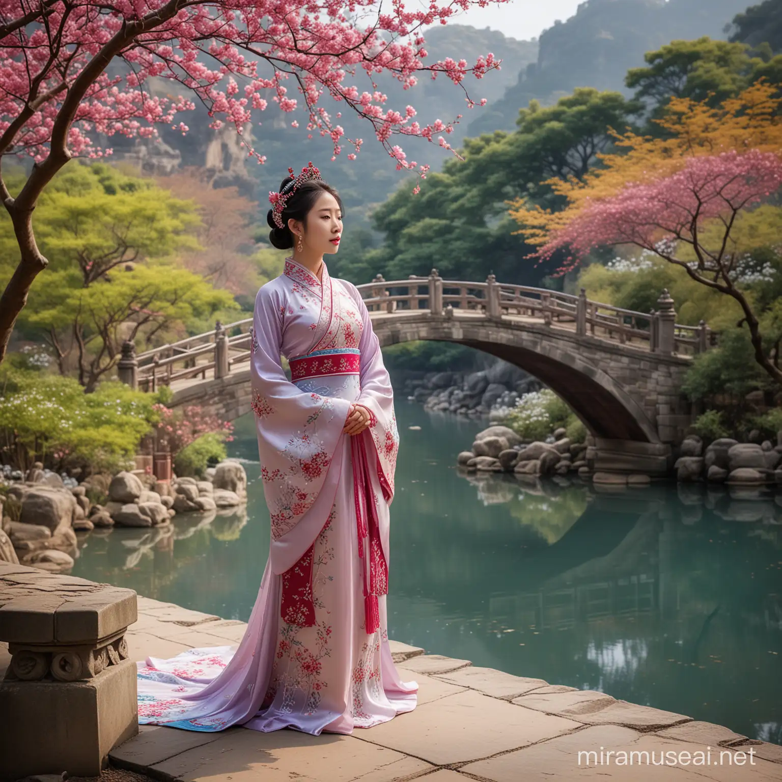 seorang putri cantik memakai gaun tradisional China yang rumit perpaduan warna putih biru muda ,memakai mahkota permata ruby yang mengalir indah elegan berdiri menatap ke depan di tepi sungai taman dari dunia lain yang menakjubkan dan penuh warna warni cerah. latar jembatan lengkung dan ranting plum pink