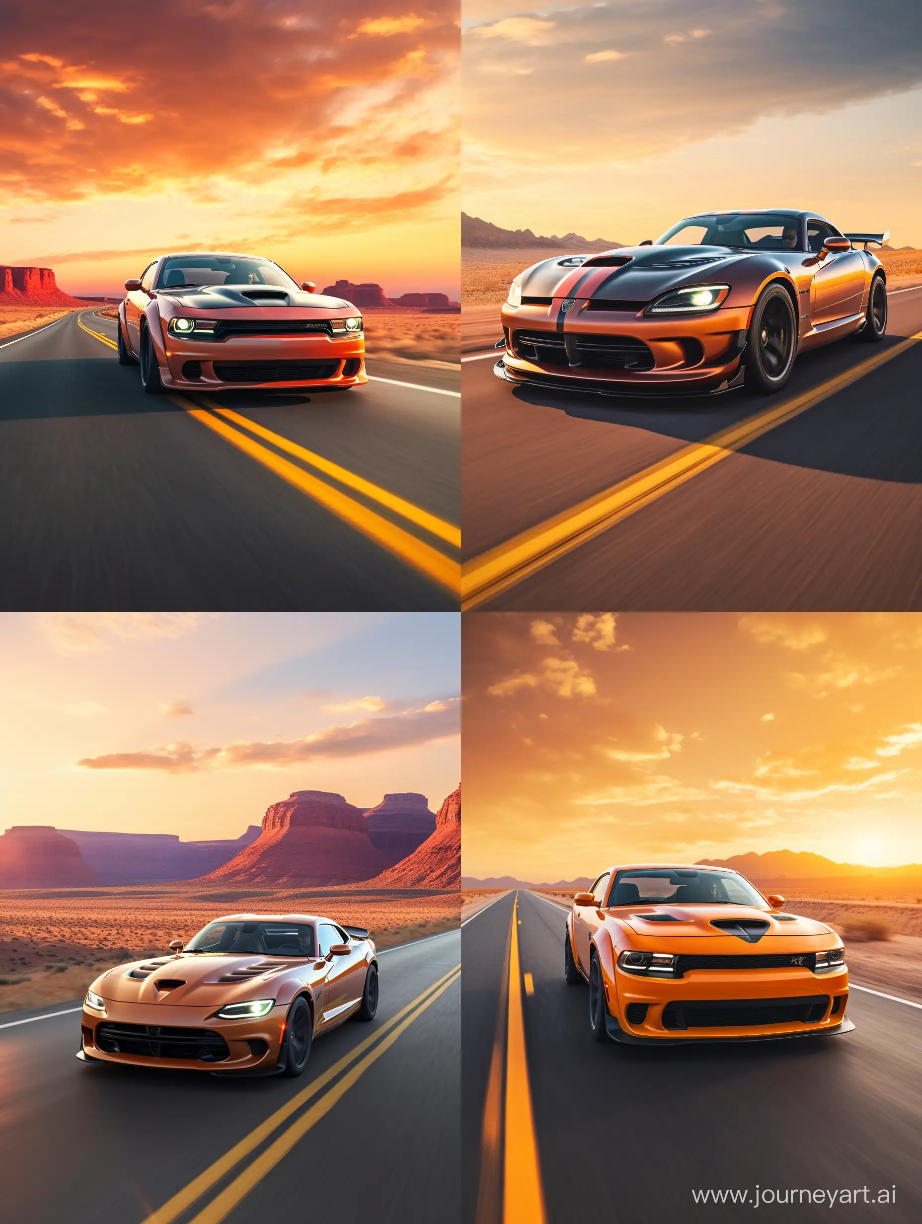 dodge SRT car running in highway.yellow color sky in background,both sides lakes.8k,cinematic style,unreal engine.
