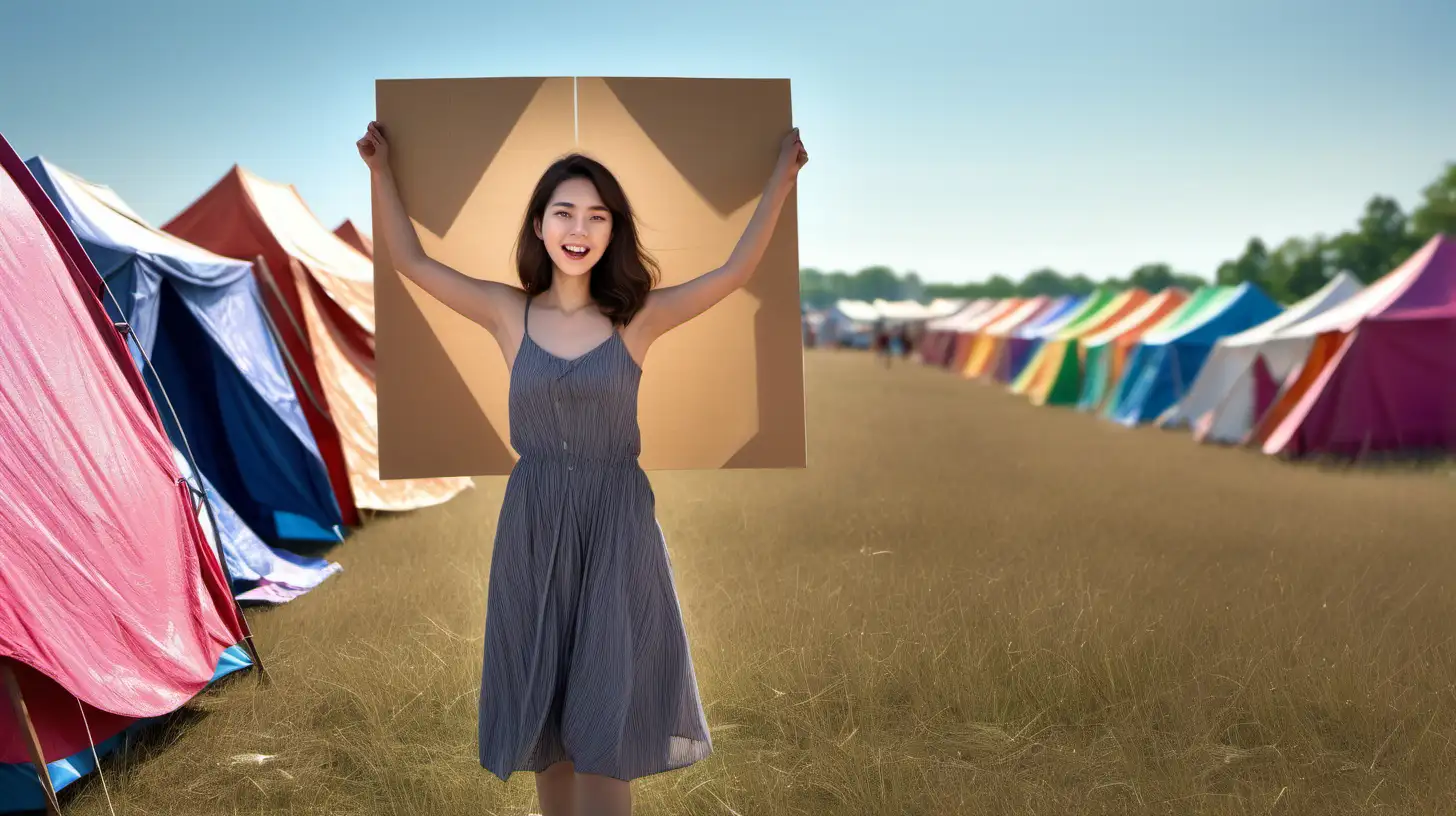 /imagine prompt: A young adult female standing in a sunlit field, vibrant tents of various colors dotting the background. There are several bland cardboard signs in different places. She holds a blank cardboard sign, with a gentle breeze suggesting movement in her hair and the tent fabrics. Created Using: daylight setting, vibrant colors, field backdrop, gentle breeze, movement, casual attire, clear sky --ar 16:9 --v 6.0