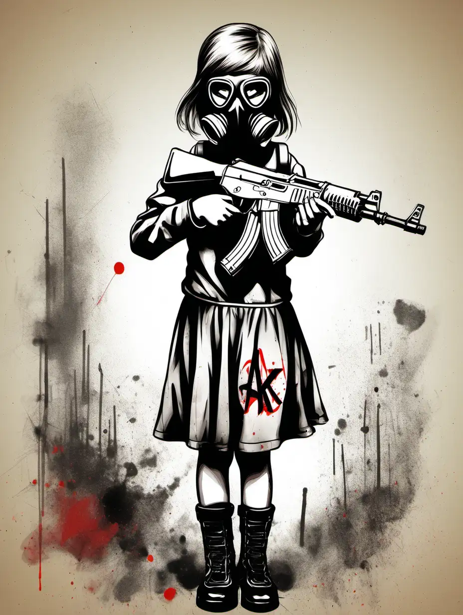 Young Girl in Gas Mask with AK47 Amidst Black and Red Sketch Background