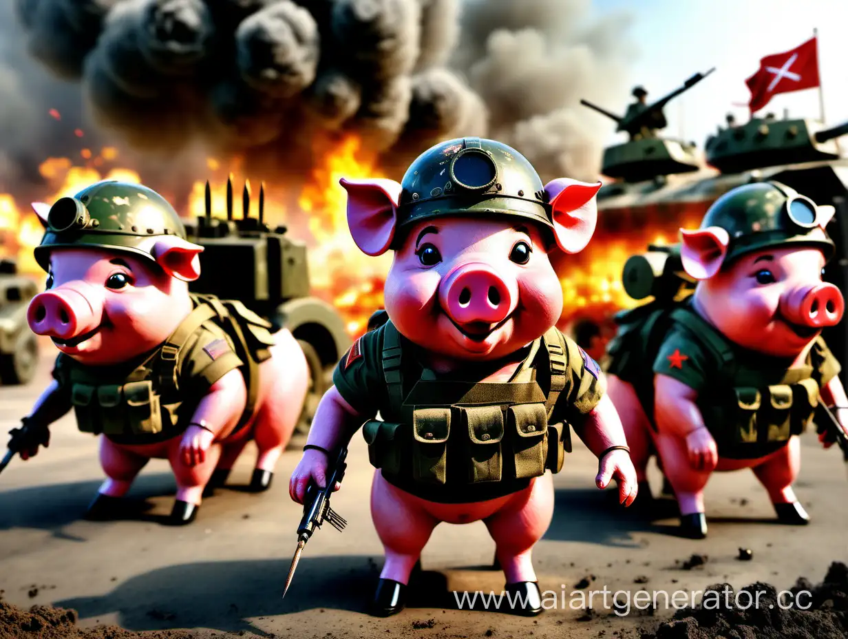 армия обычных маленьких свиней в военных касках, на заднем плане взрывы и танки, на переднем плане главная свинья с выделенными усами щеточкой и челкой, на плече у свиней повязка с символом их армии,  реалистично