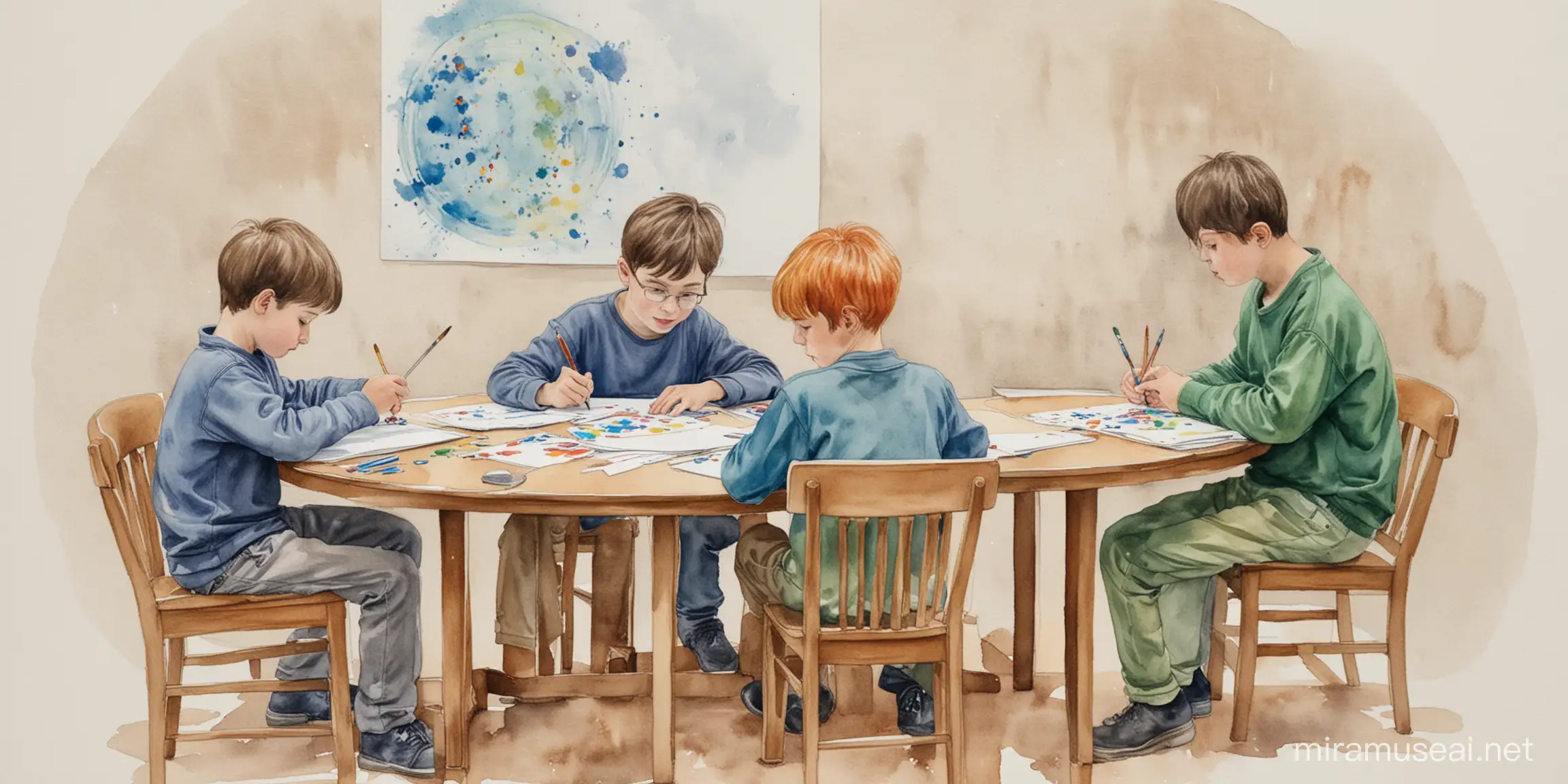 a water color image with a subject of several autistic boys that are drawing and painting at round a round desk
