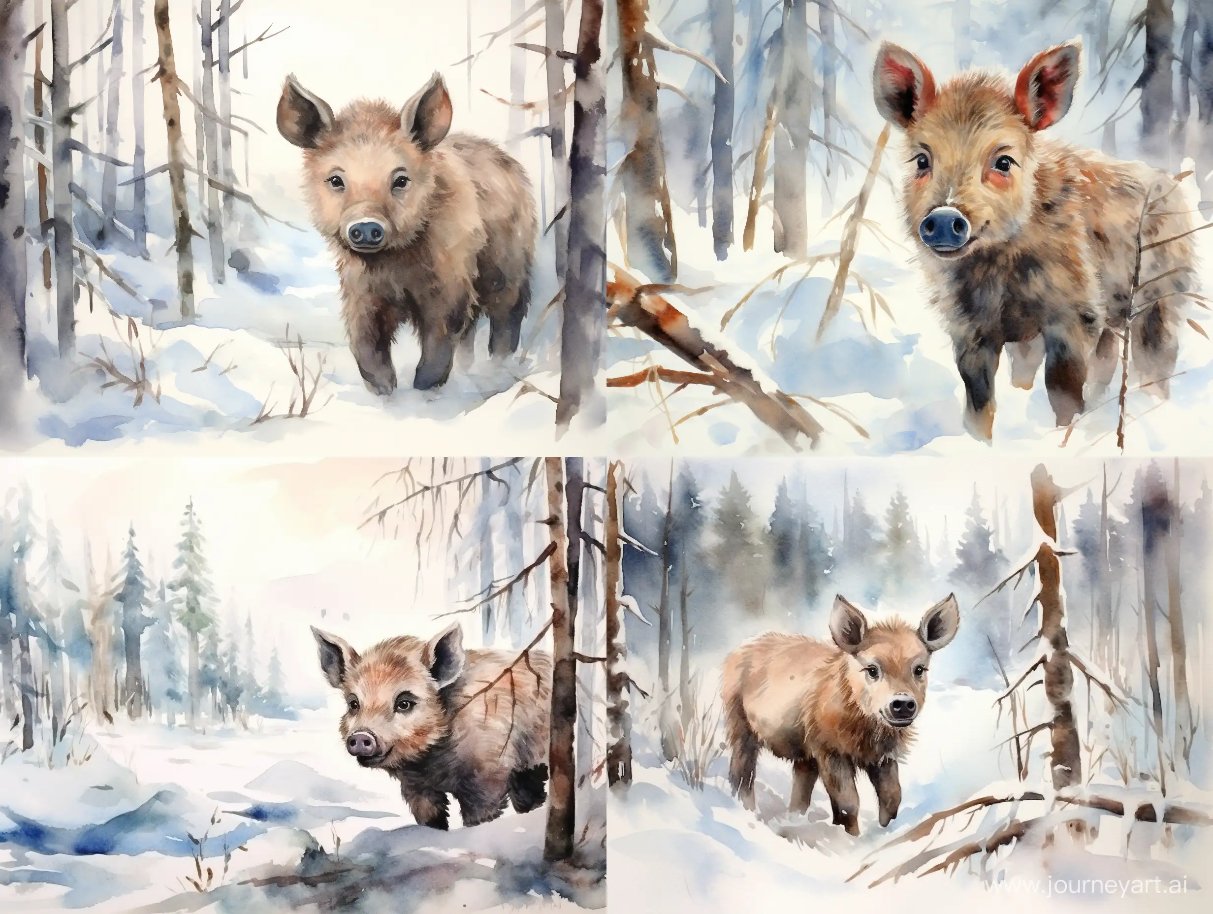 Adorable-Winter-Scene-Little-Wild-Boar-in-a-Winter-Hat-Amidst-a-Watercolor-Winter-Forest