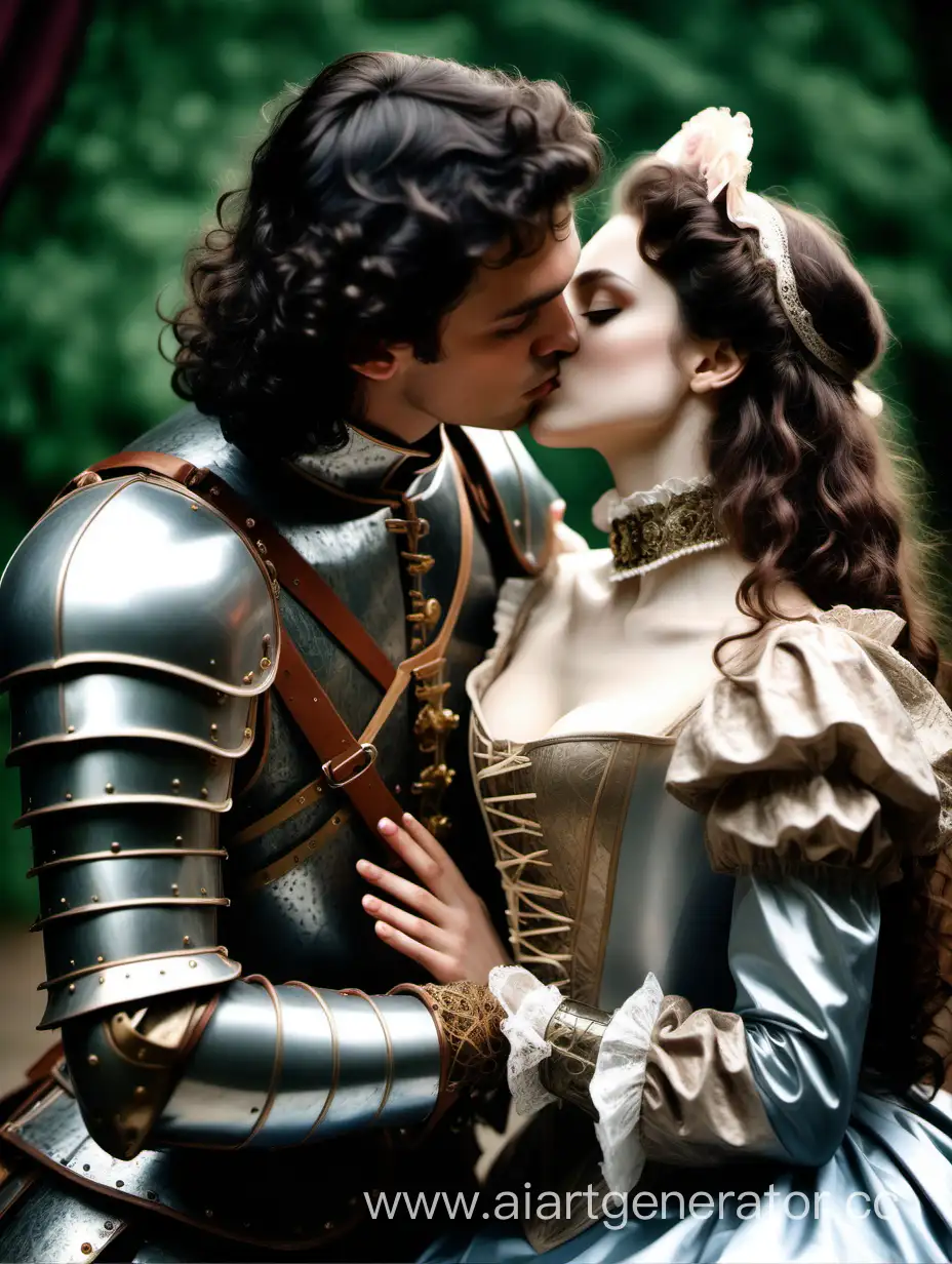 кудрявый темноволосый в доспехах парень целует девушку-брюнетку аристократку викторианская эпоха
