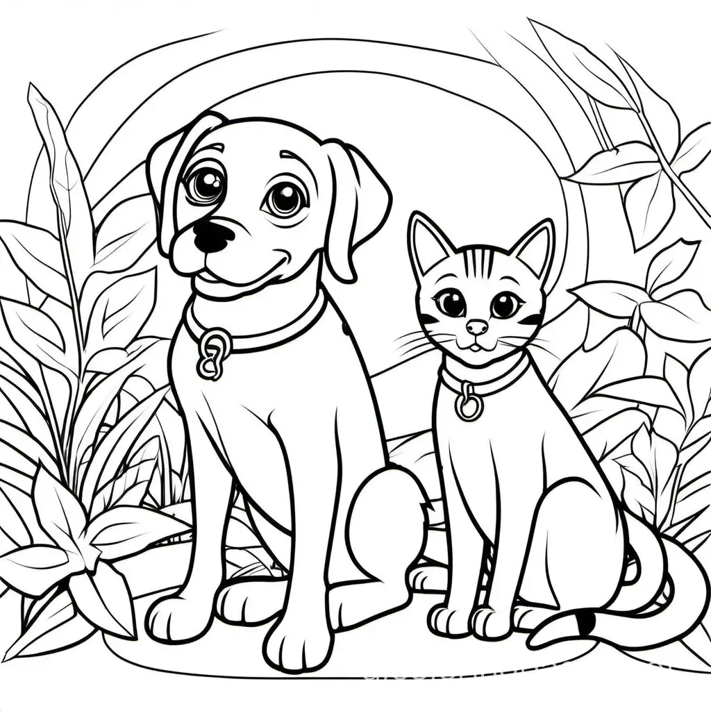 a dog with cat, Coloring Page, black and white, line art, white background, Simplicity, Ample White Space. The background of the coloring page is plain white to make it easy for young children to color within the lines. The outlines of all the subjects are easy to distinguish, making it simple for kids to color without too much difficulty
