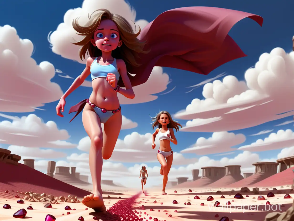 A 12-year-old girl in a thong runs towards across a desert strewn with rubies under a blue sky with white clouds