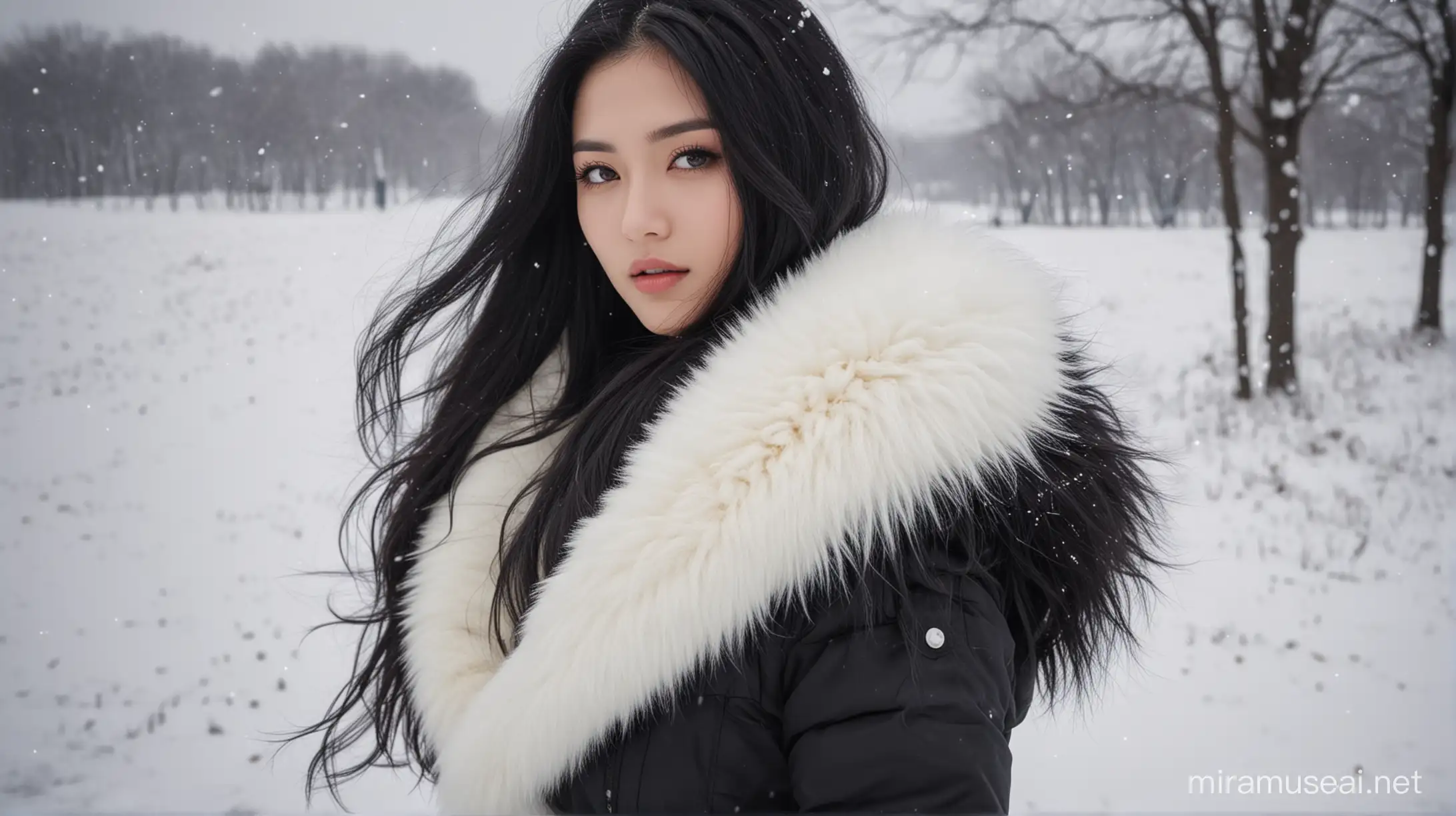 美女穿白色毛领黑色长款加厚羽绒服，冻得不行了，雪地，大风吹，东方，黑眼睛，长黑发，清纯优雅甜美