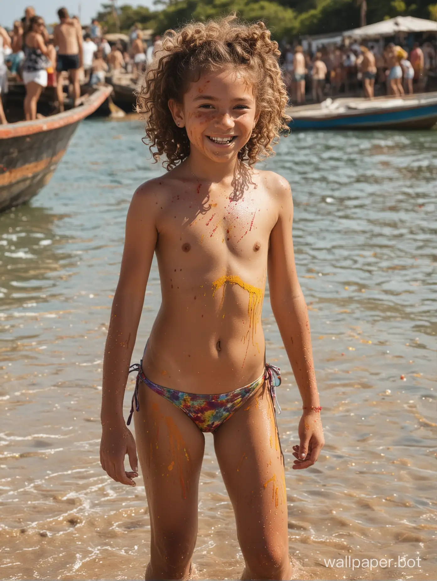 11-year-old girl with curls by the sea in a bikini topless, paint on body, holi celebration, full-length, dynamic poses, boat with passengers, smile