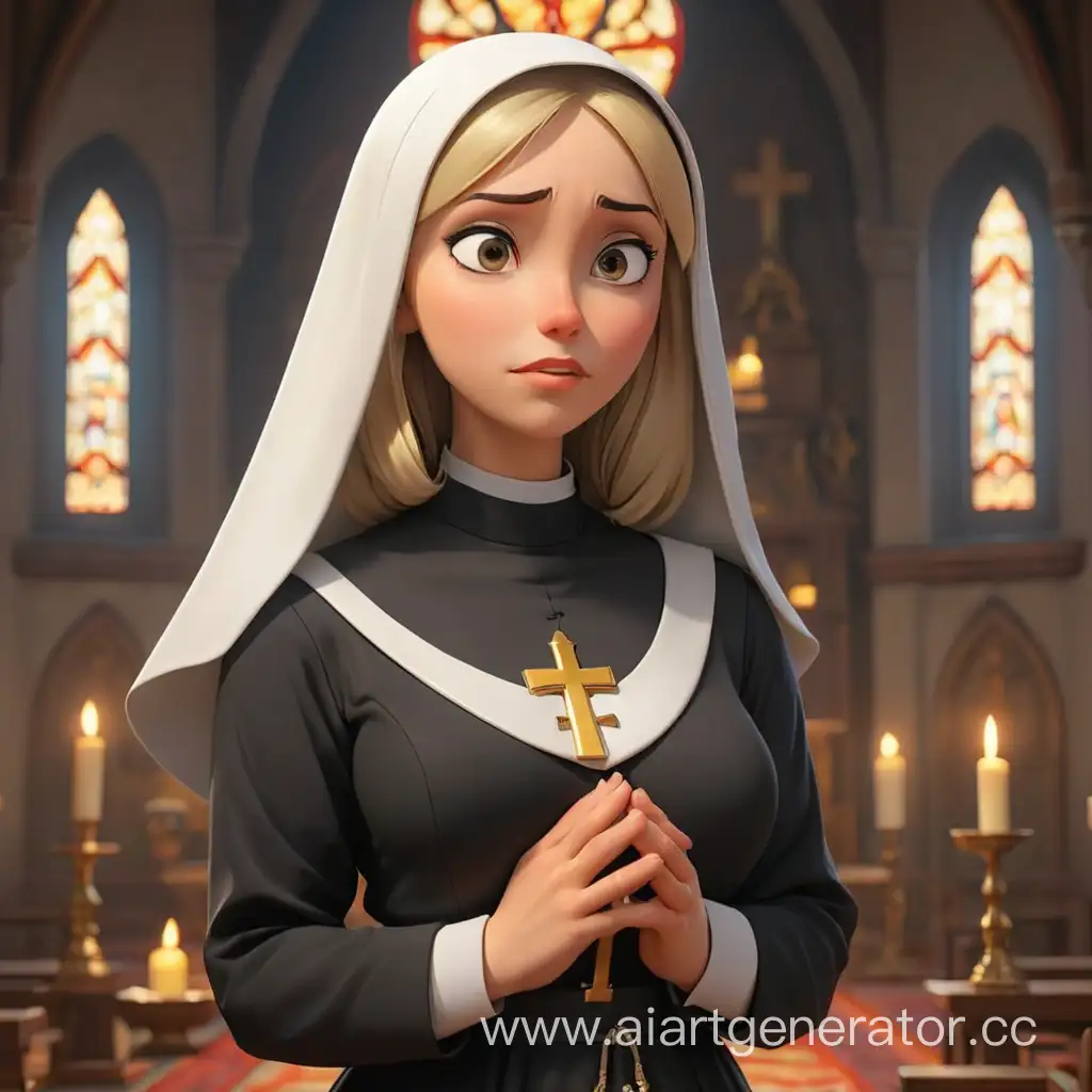 сексуальная монашка блондинка с большой открытой грудью в черном молится на икону 3д мультяшная