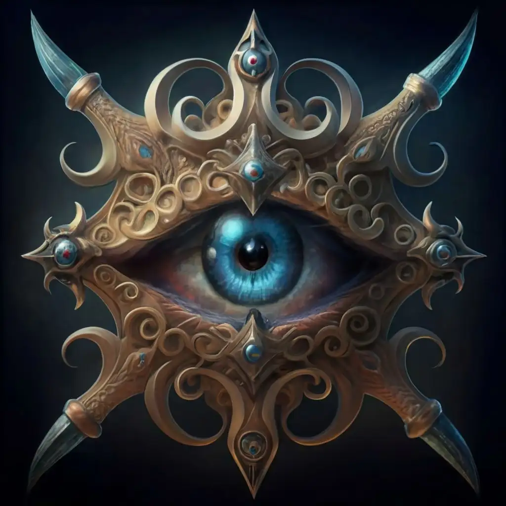 logo, evil, eye, fantasy, intricate, elegant, realistic proportions, highly detailed, digital painting, artstation, HQ, concept art, ray tracing, smooth, sharp focus, cinematic lighting, illustration, intricate, background, art by Boris Vallejo, with the text "yoroshiku", typography, be used in Internet industry