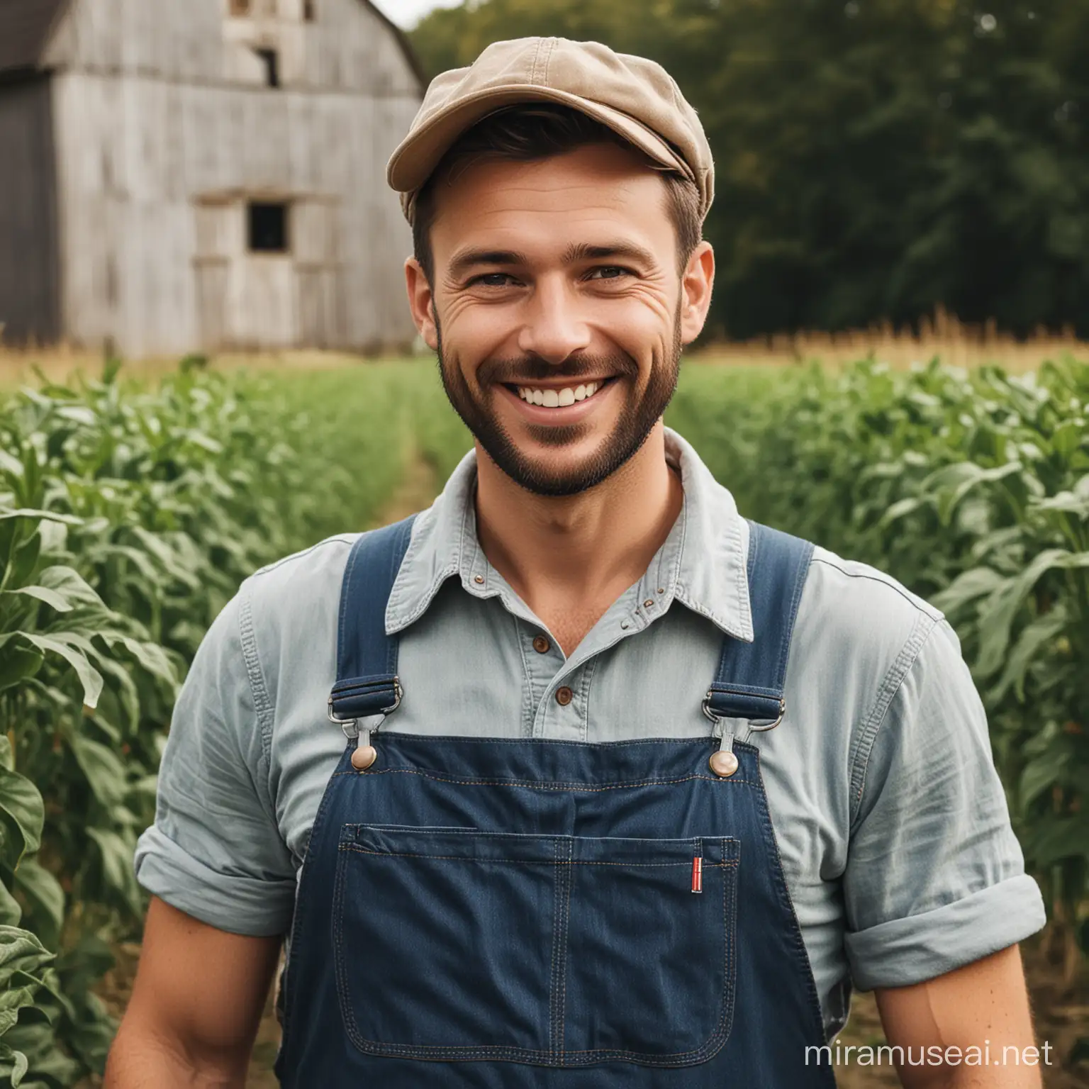 Cheerful Farmer in Traditional Overalls Harvesting Crops