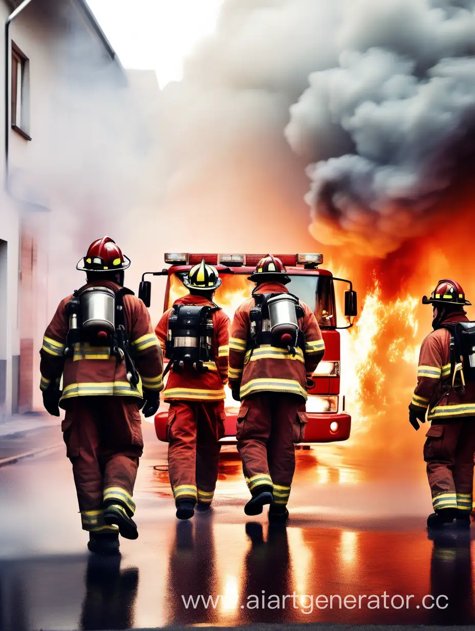 Мужественные пожарные тушат пожар, сильные и смелые, отважные, на переднем фоне команда пожарных, на заднем фоне пожарная машина, огонь, стиль открытки на праздник, размытый белый фон 
