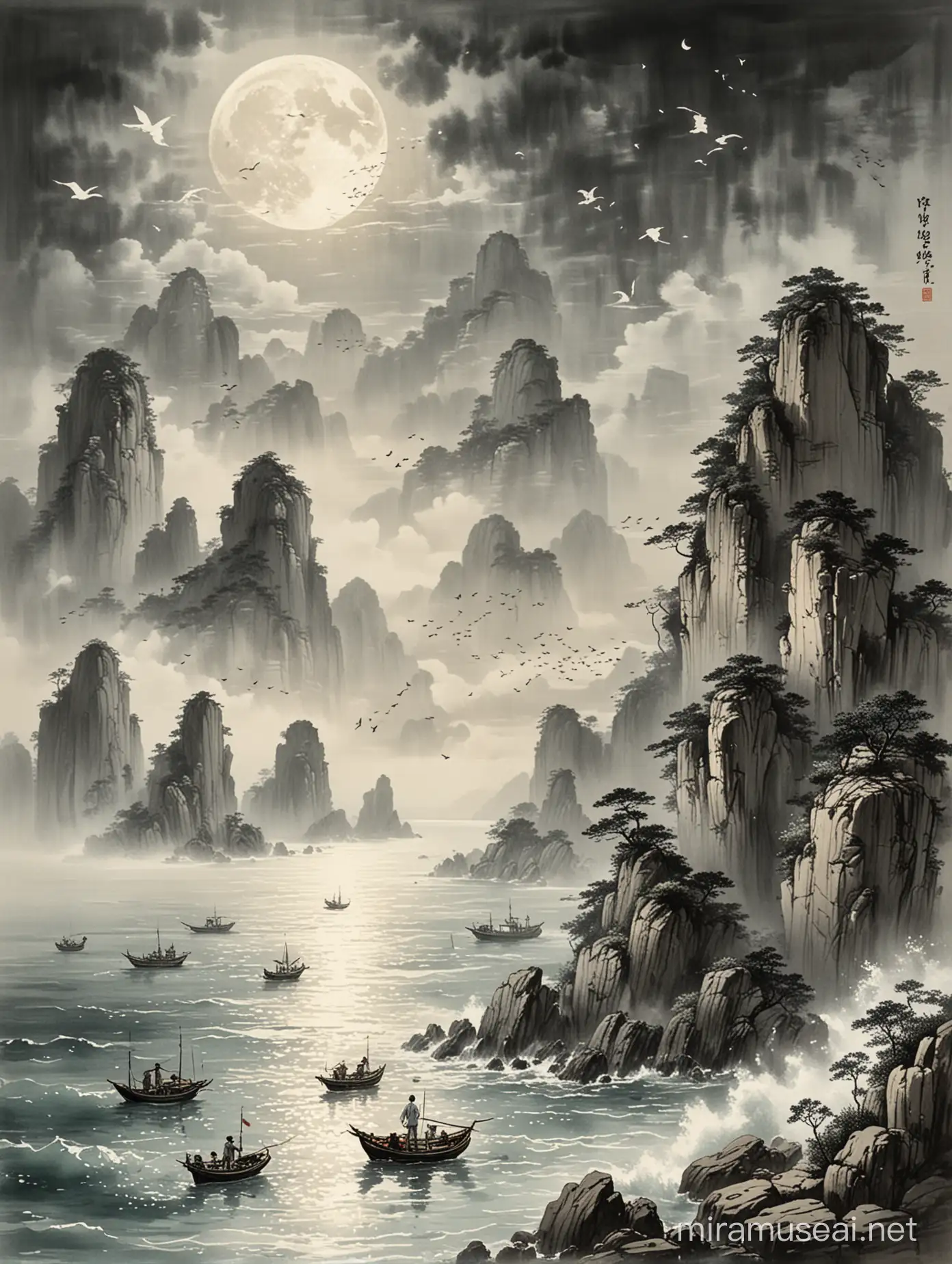 The image Chinese brush drawing features a man in white standing on a rock looking out at the sea. There are five boats on the sea and birds flying in the sky. The moon is large and bright.