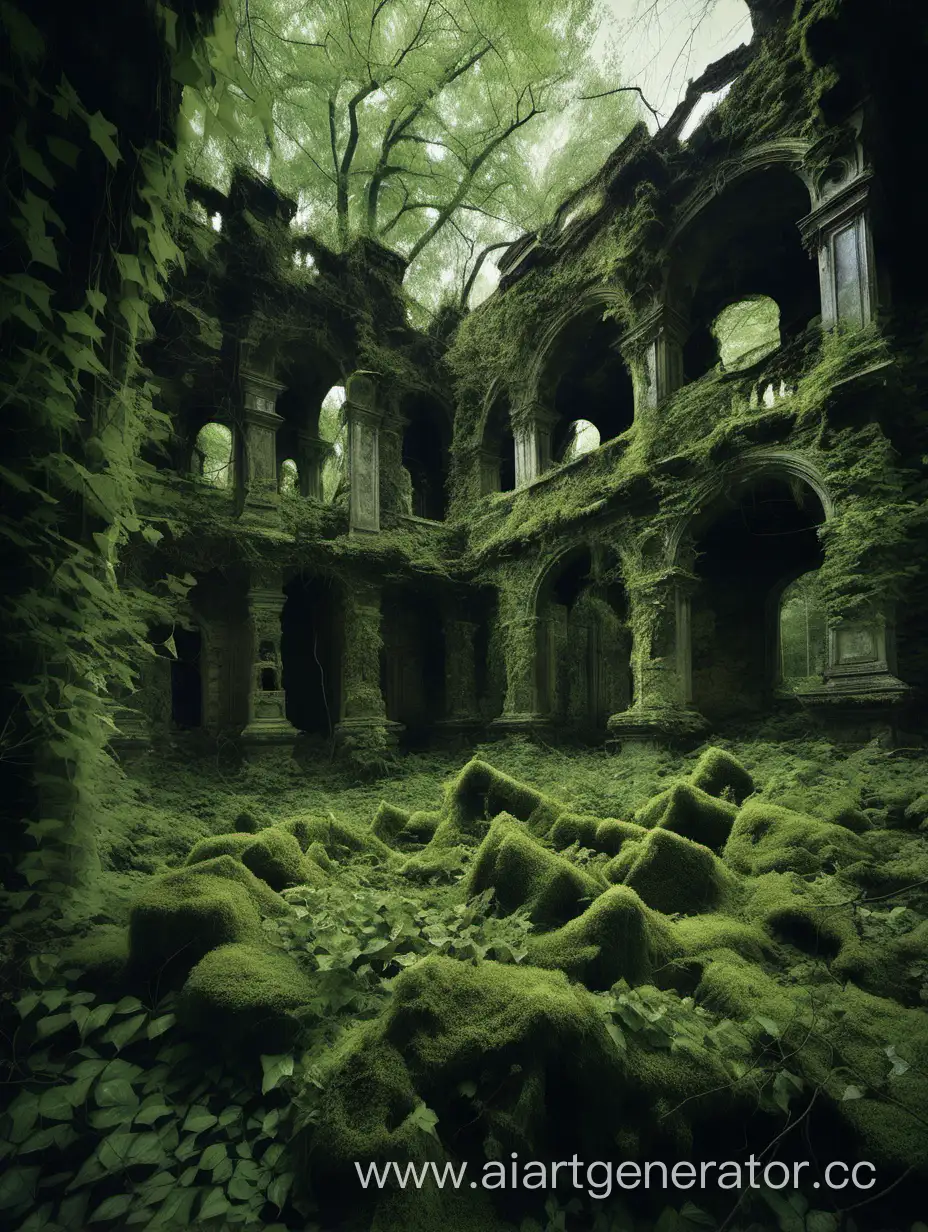 Развалины дворца среди темного леса, покрытые мхом и плющем 
